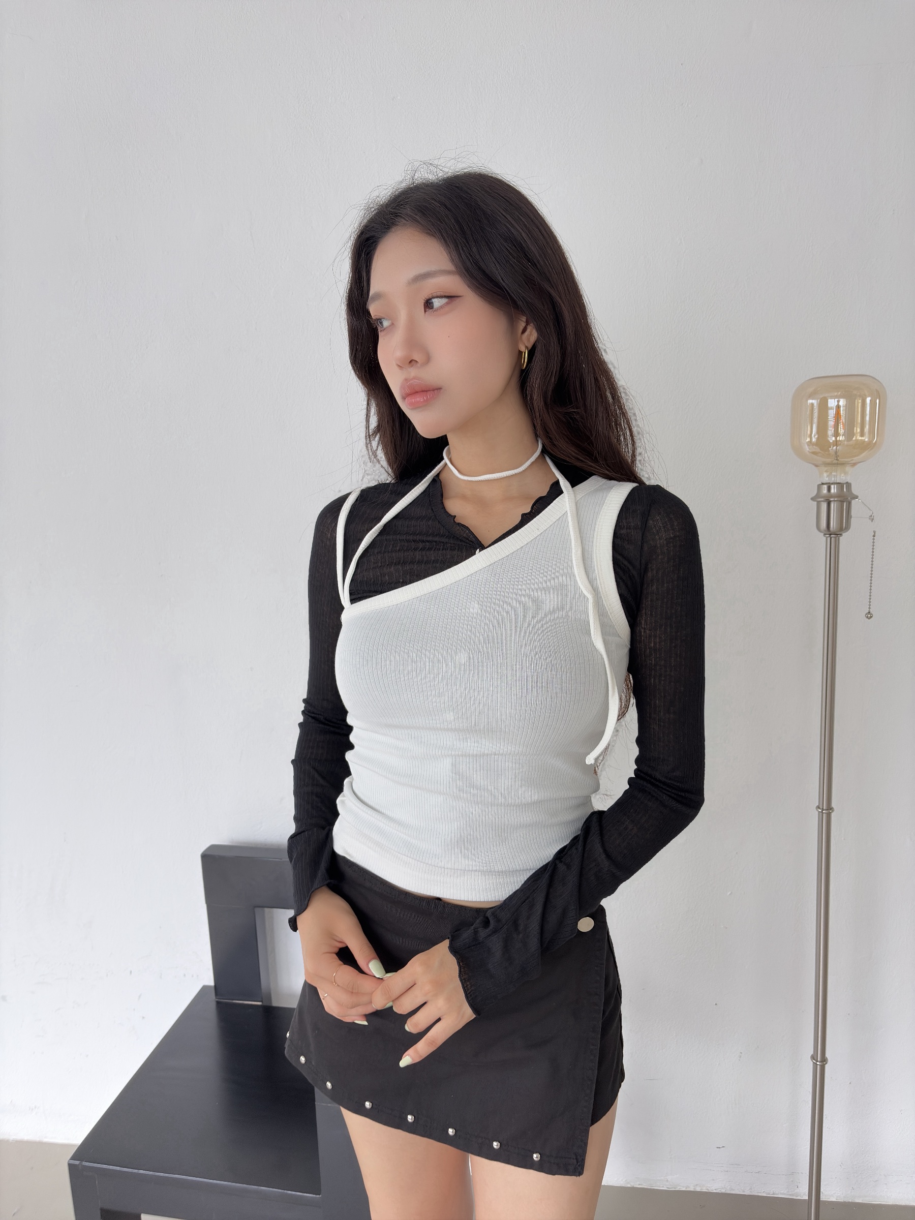 vlemma design-ruched-lettuce-trim-sheer-top 清冷風設計感大衣外套 - 藍