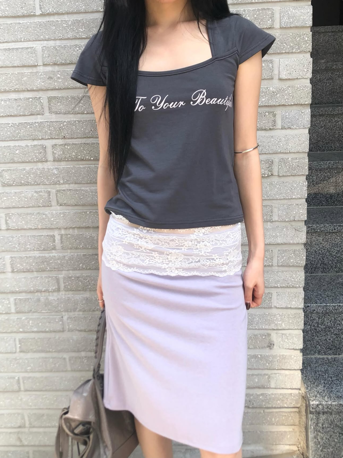 vlemma lace-trim-waistband-bodycon-midi-skirt 小眾剪裁設計感褲裙長褲 - 條紋