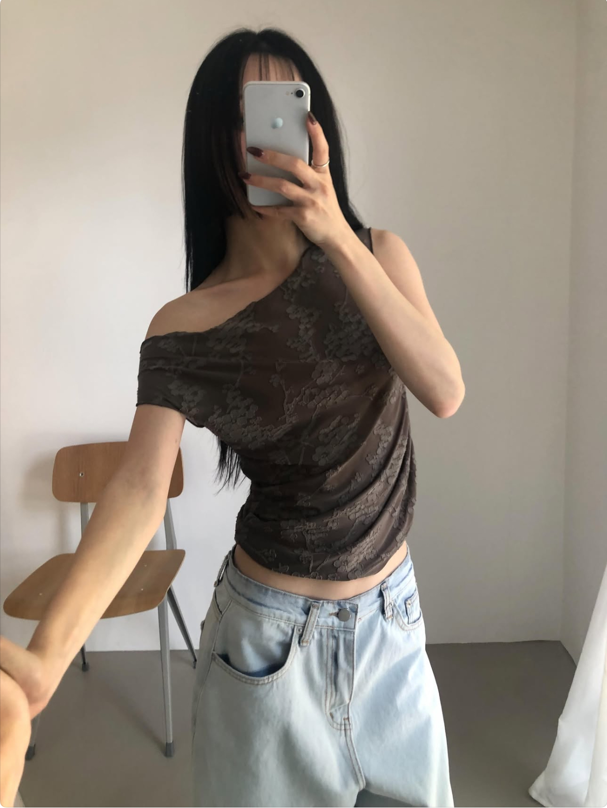 vlemma korean-ruched-lace-drape-neck-top 極簡設計感針織上衣襯衫 - 棕
