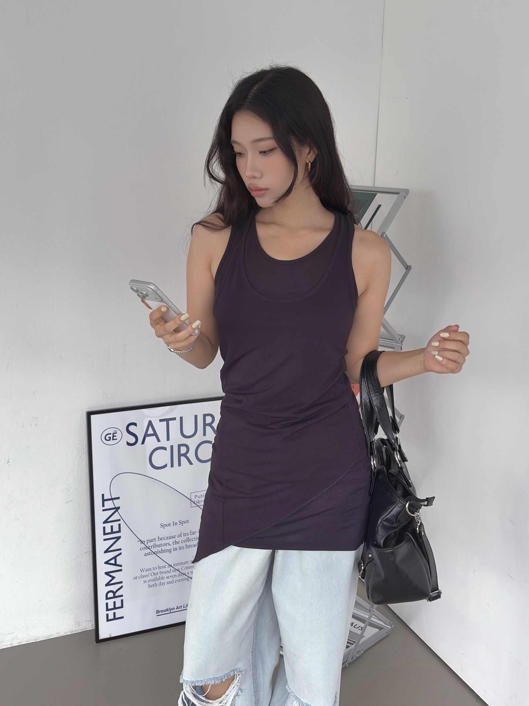 vlemma asymmetrical-hem-drawstring-longline-tank-top 極簡設計感針織上衣襯衫 - 深紫