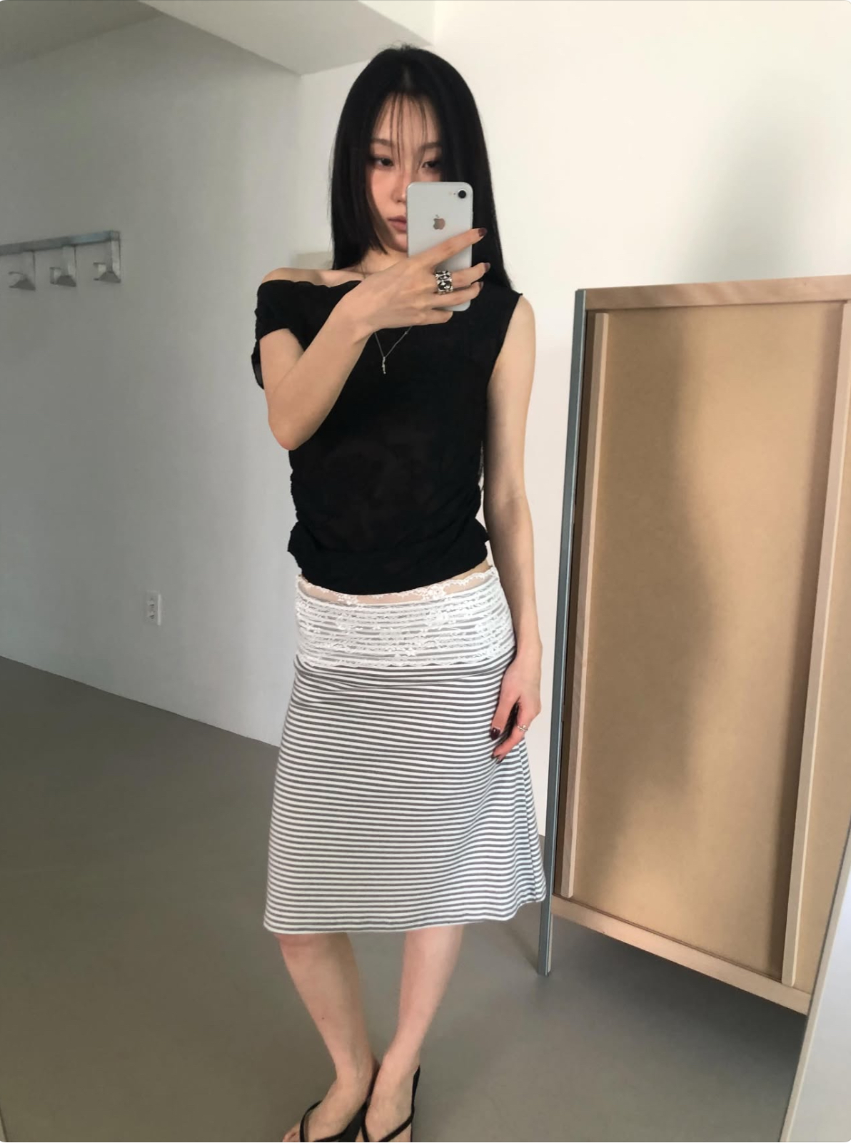 vlemma lace-trim-waistband-bodycon-midi-skirt 小眾剪裁設計感褲裙長褲 - 條紋