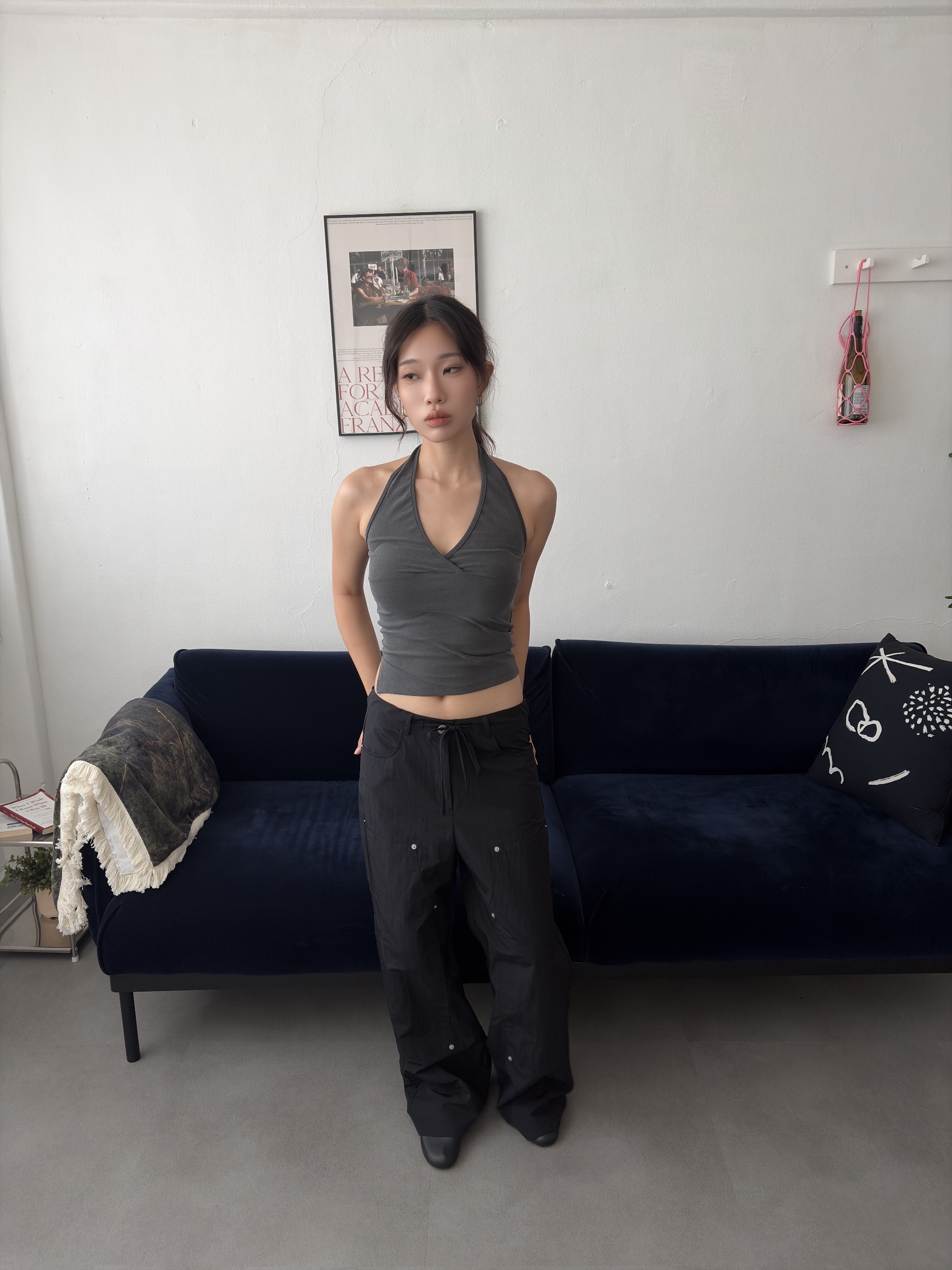 vlemma low-rise-tie-waist-slouchy-trousers 小眾剪裁設計感褲裙長褲 - 黑