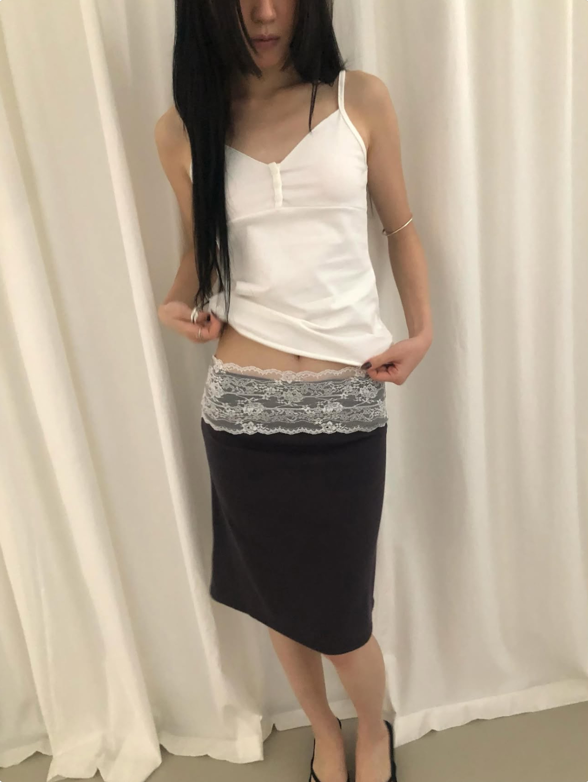 vlemma lace-trim-waistband-bodycon-midi-skirt 小眾剪裁設計感褲裙長褲 - 條紋