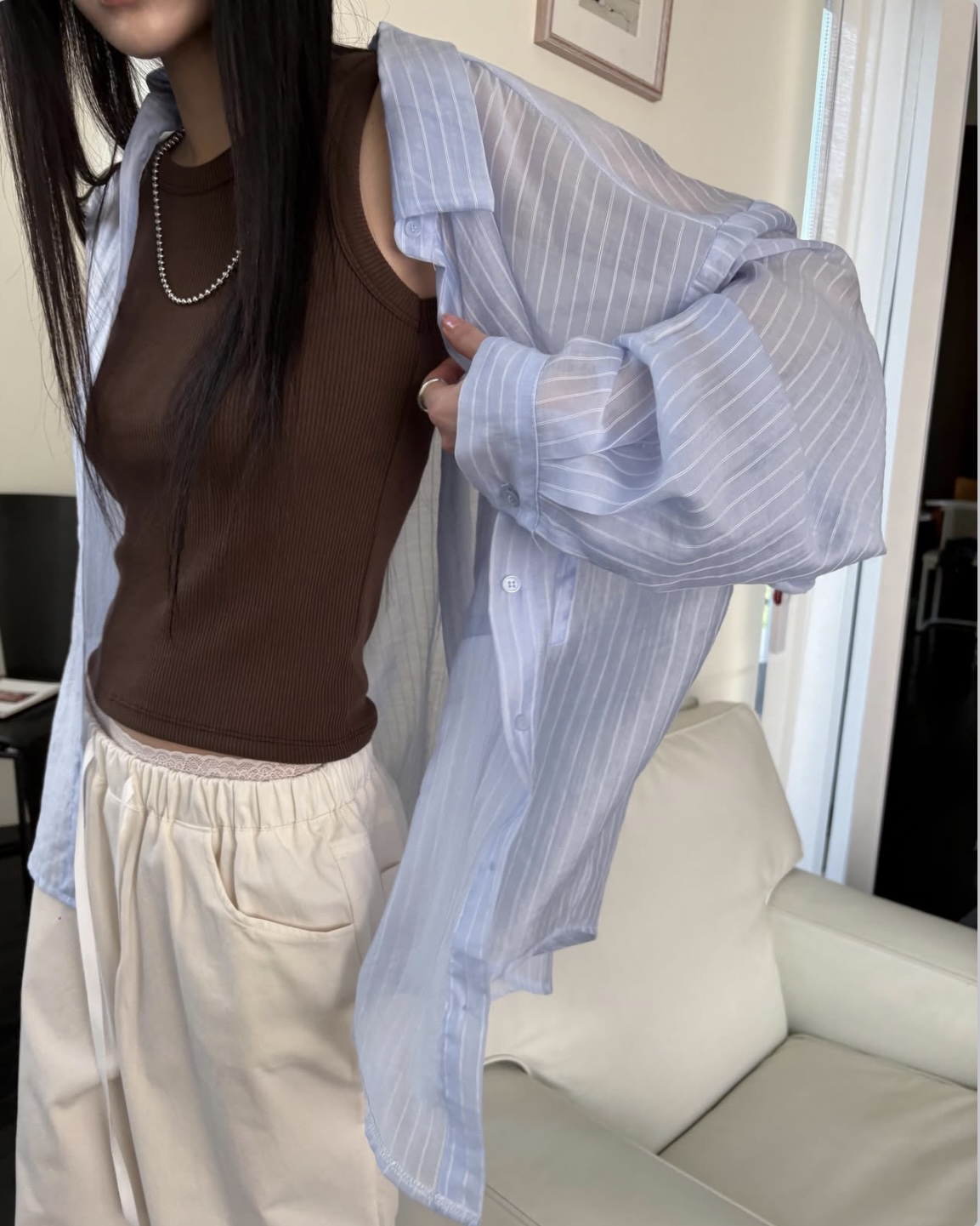 vlemma stripe-sheer-tencel-shirt 極簡設計感針織上衣襯衫 - 黃