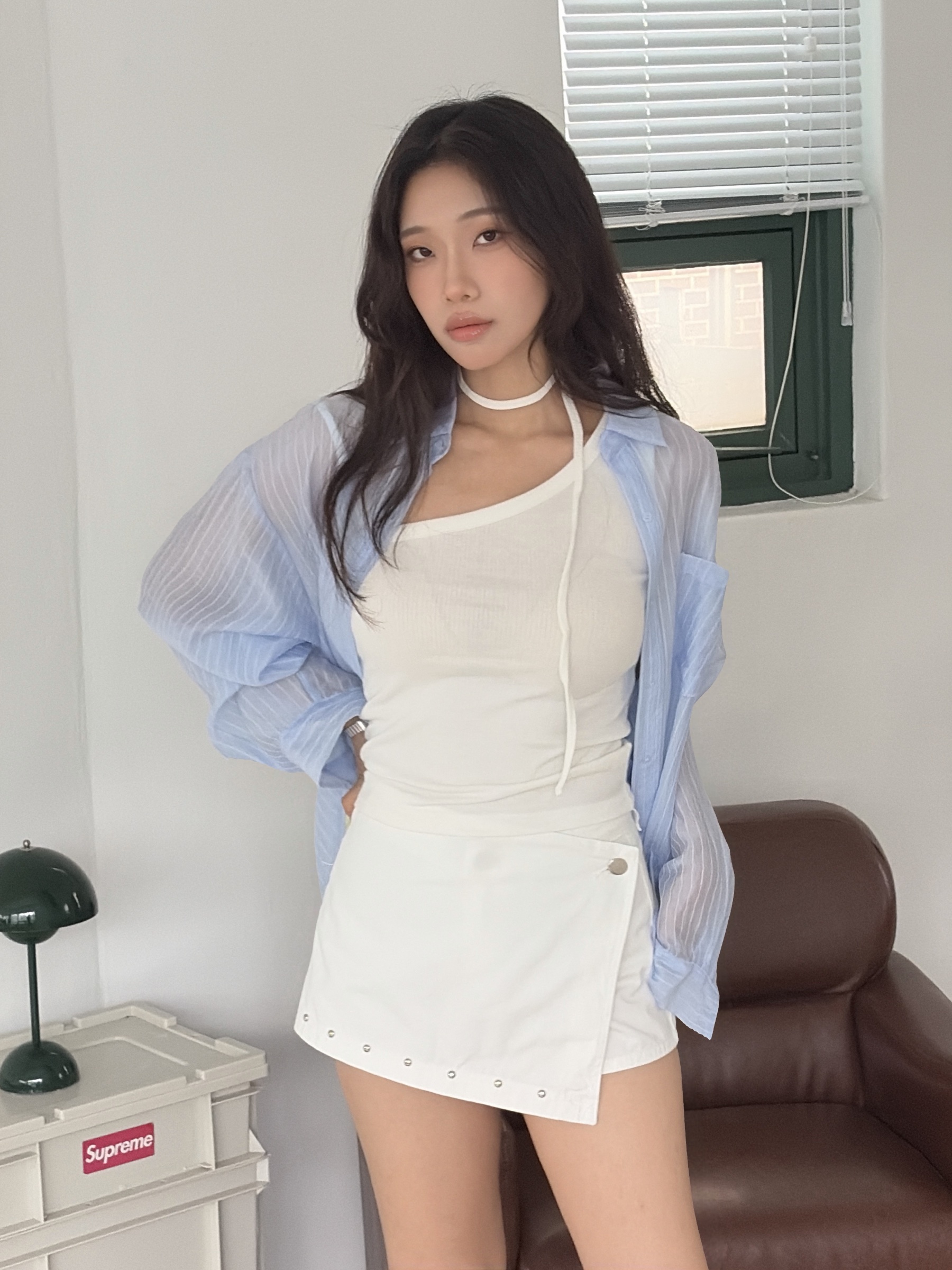 vlemma korean-layered-asymmetrical-strap-ribbed-top 極簡設計感針織上衣襯衫 - 白