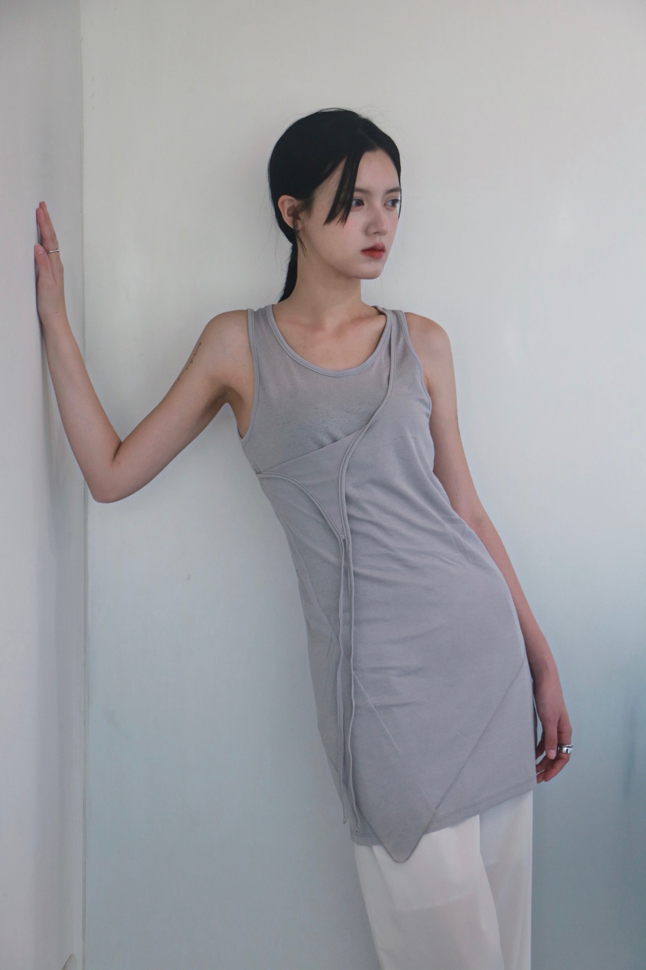 vlemma asymmetrical-hem-drawstring-longline-tank-top 極簡設計感針織上衣襯衫 - 深紫