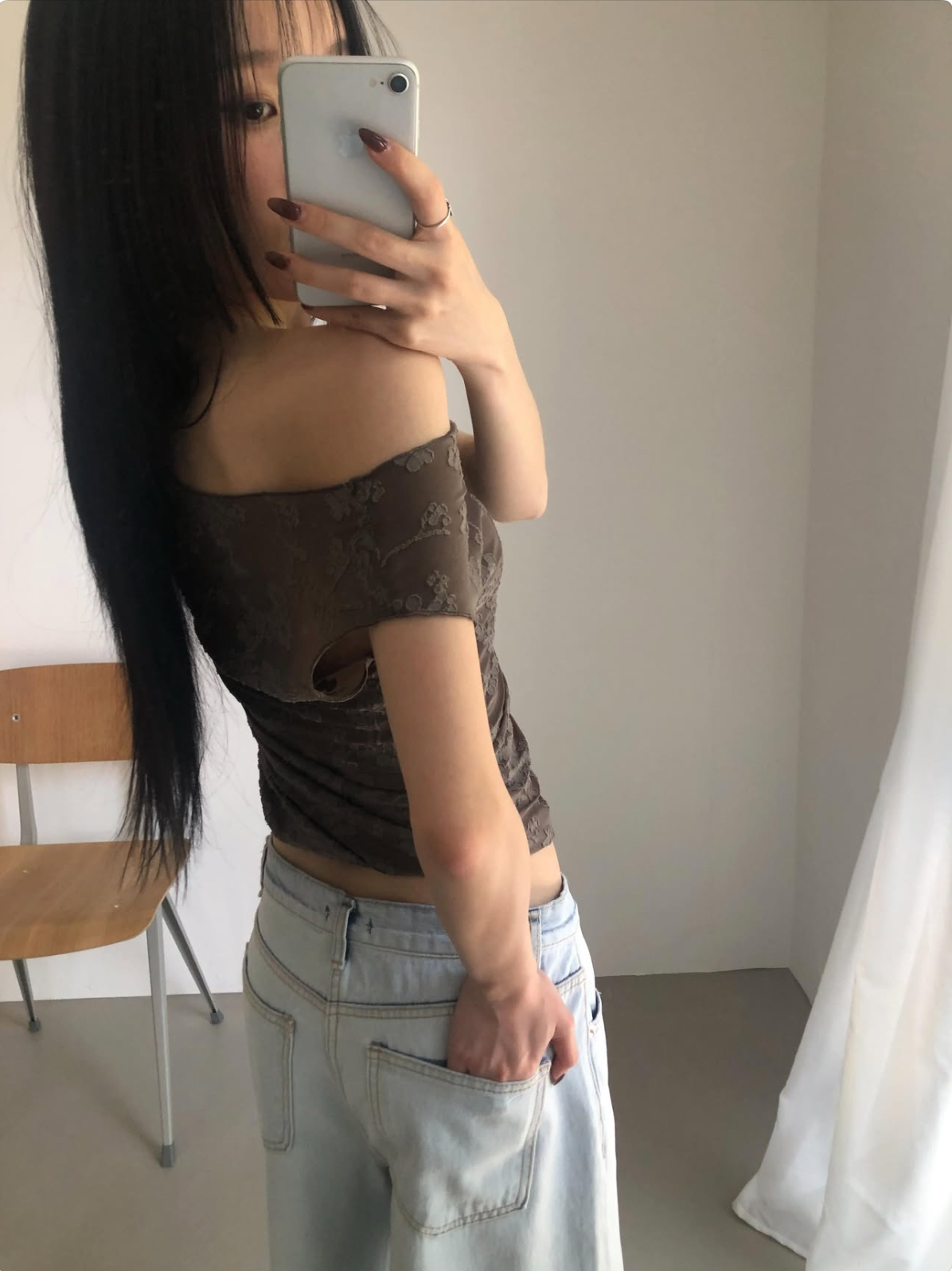 vlemma korean-ruched-lace-drape-neck-top 極簡設計感針織上衣襯衫 - 棕