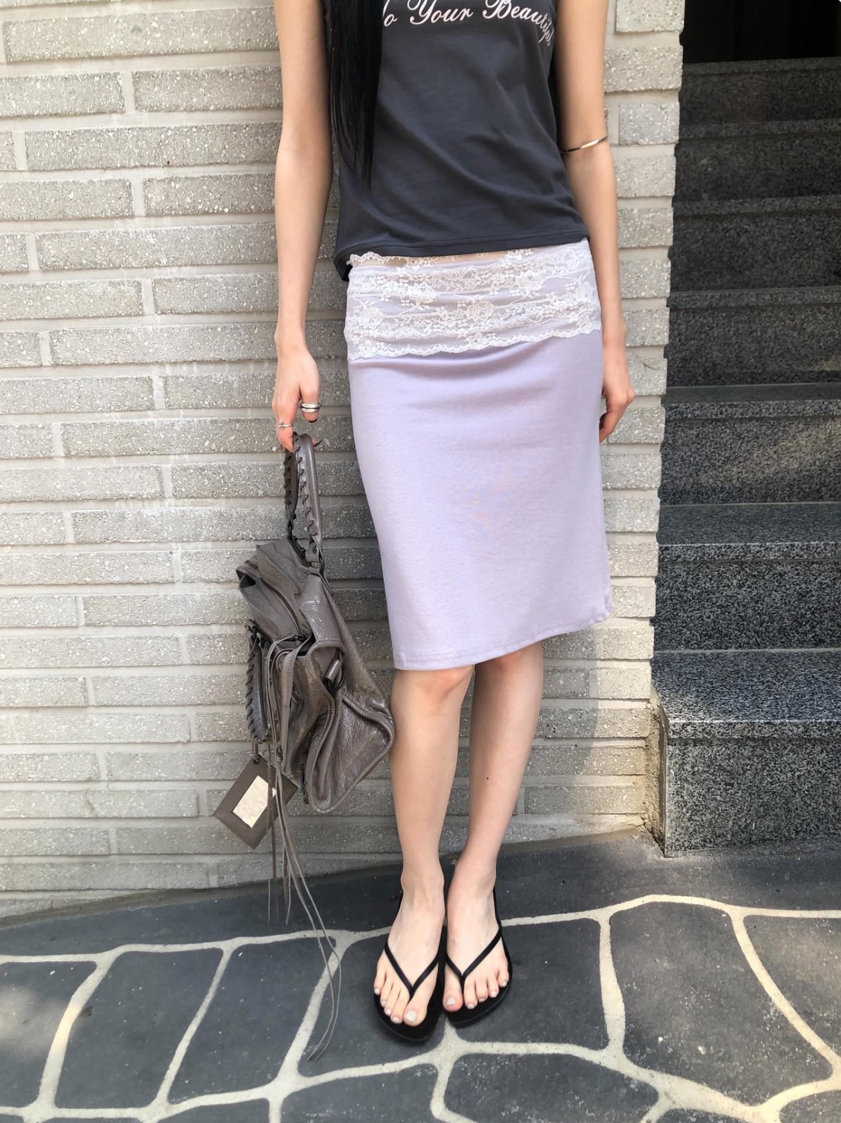 vlemma lace-trim-waistband-bodycon-midi-skirt 小眾剪裁設計感褲裙長褲 - 條紋
