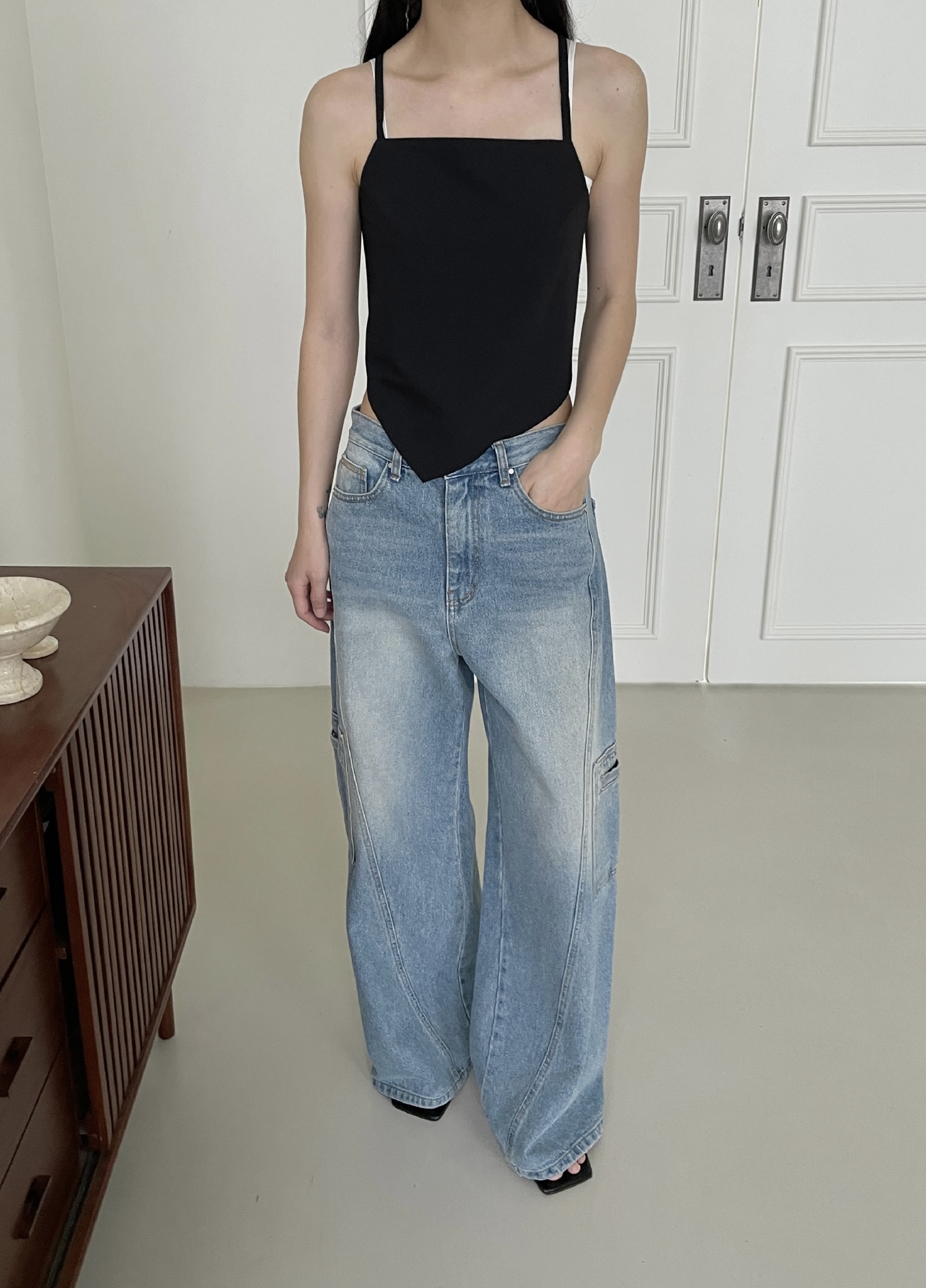 vlemma y2k-streetwear-cargo-baggy-jeans 小眾剪裁設計感褲裙長褲 - 藍