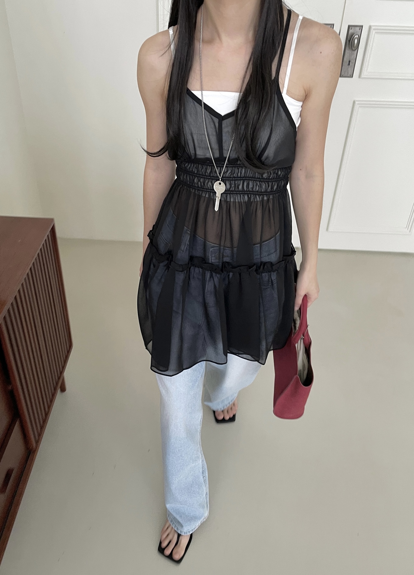 vlemma ruffled-tiered-backless-chiffon-sundress 清冷風設計感洋裝連身裙 - 酒紅