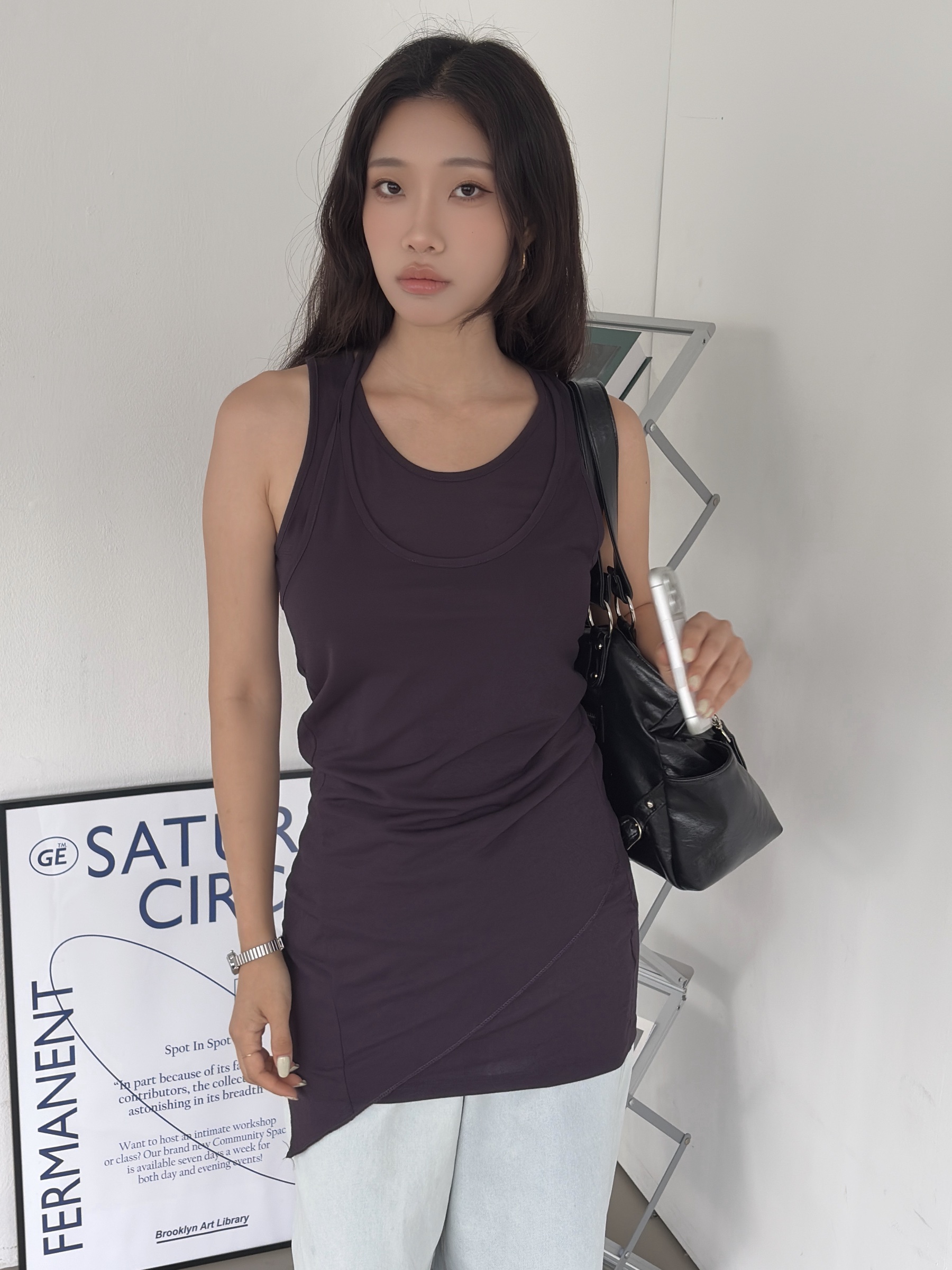 vlemma asymmetrical-hem-drawstring-longline-tank-top 極簡設計感針織上衣襯衫 - 深紫