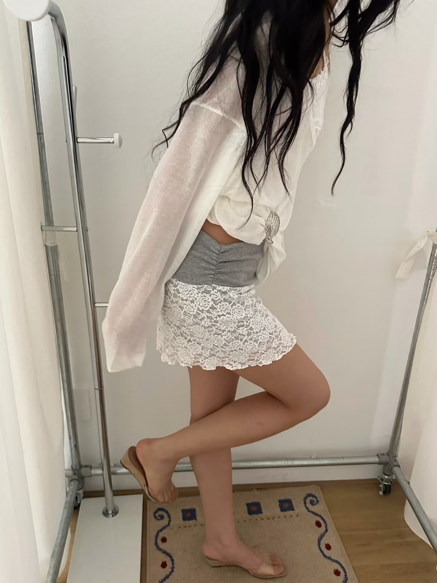vlemma ruched-waistband-lace-skort 小眾剪裁設計感褲裙長褲 - 白