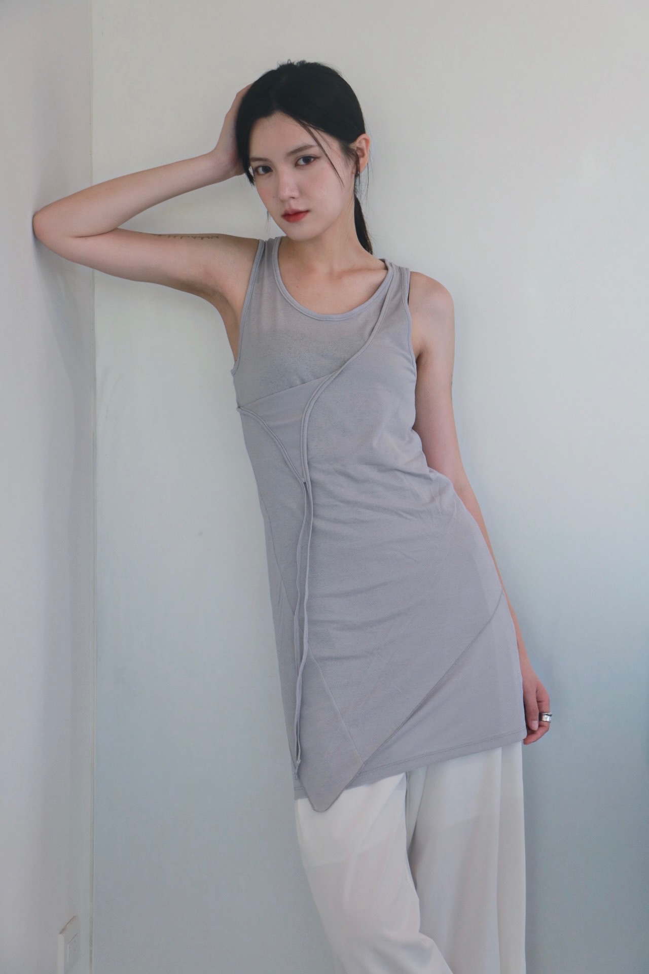vlemma asymmetrical-hem-drawstring-longline-tank-top 極簡設計感針織上衣襯衫 - 深紫