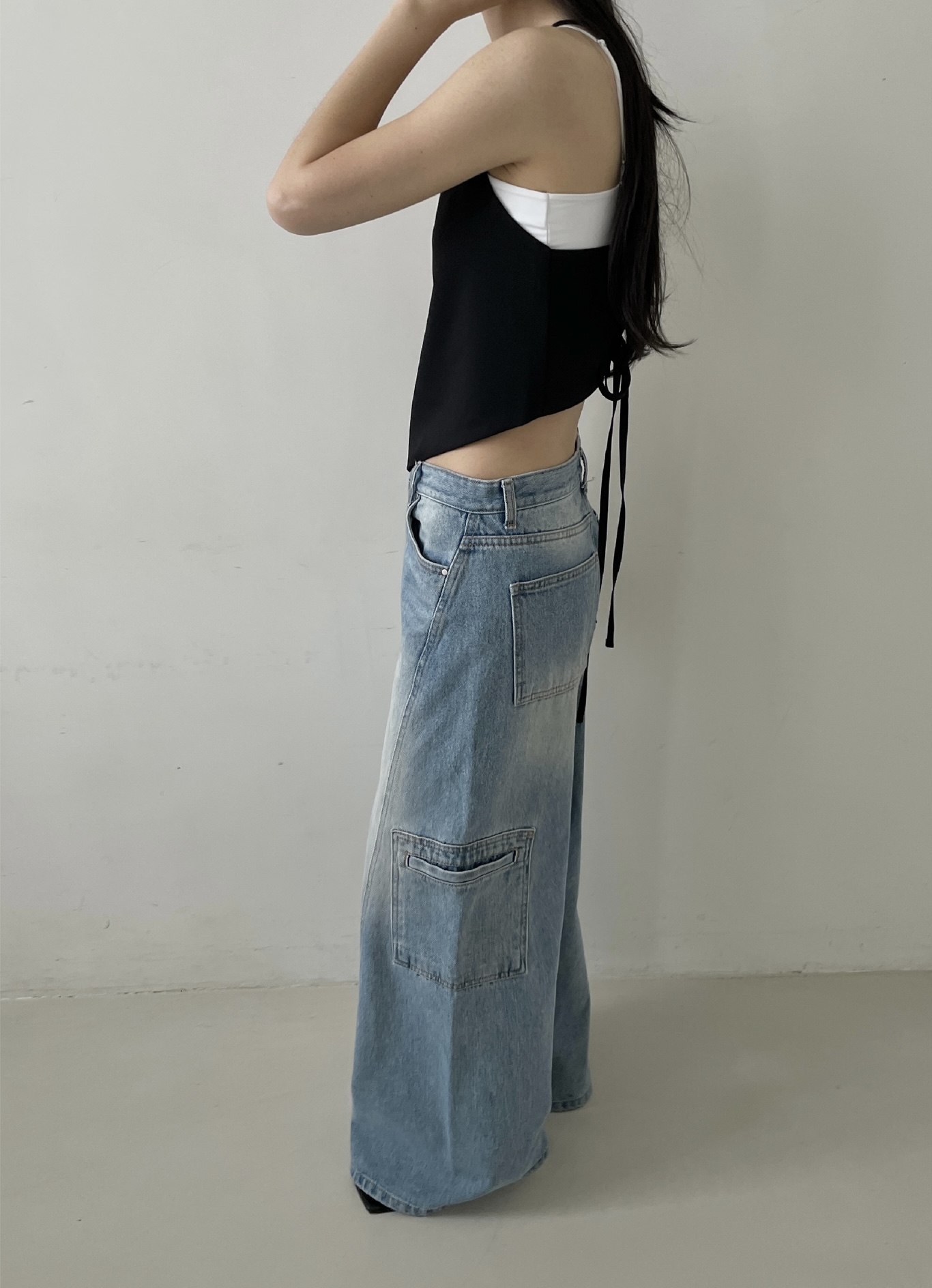 vlemma y2k-streetwear-cargo-baggy-jeans 小眾剪裁設計感褲裙長褲 - 藍