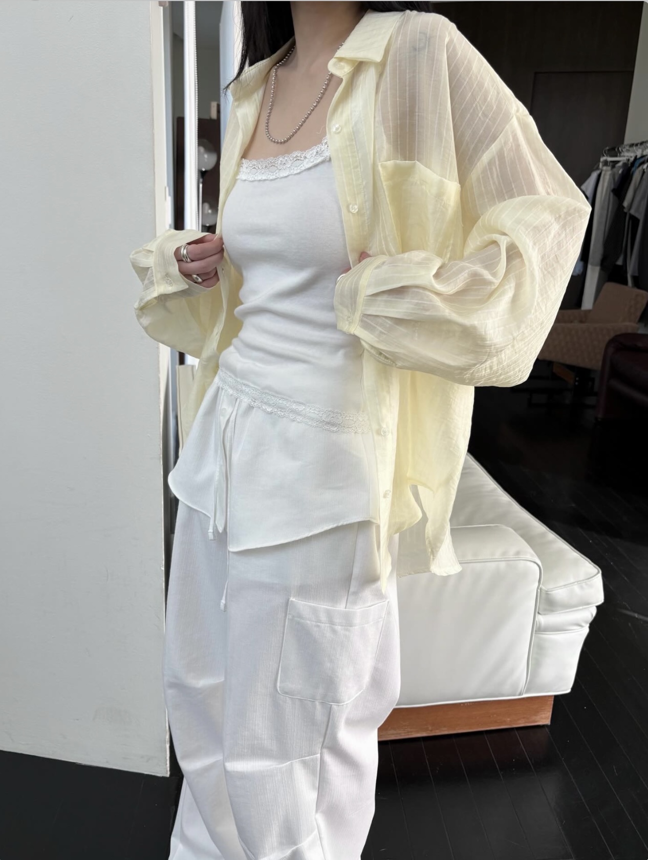 vlemma stripe-sheer-tencel-shirt 極簡設計感針織上衣襯衫 - 黃