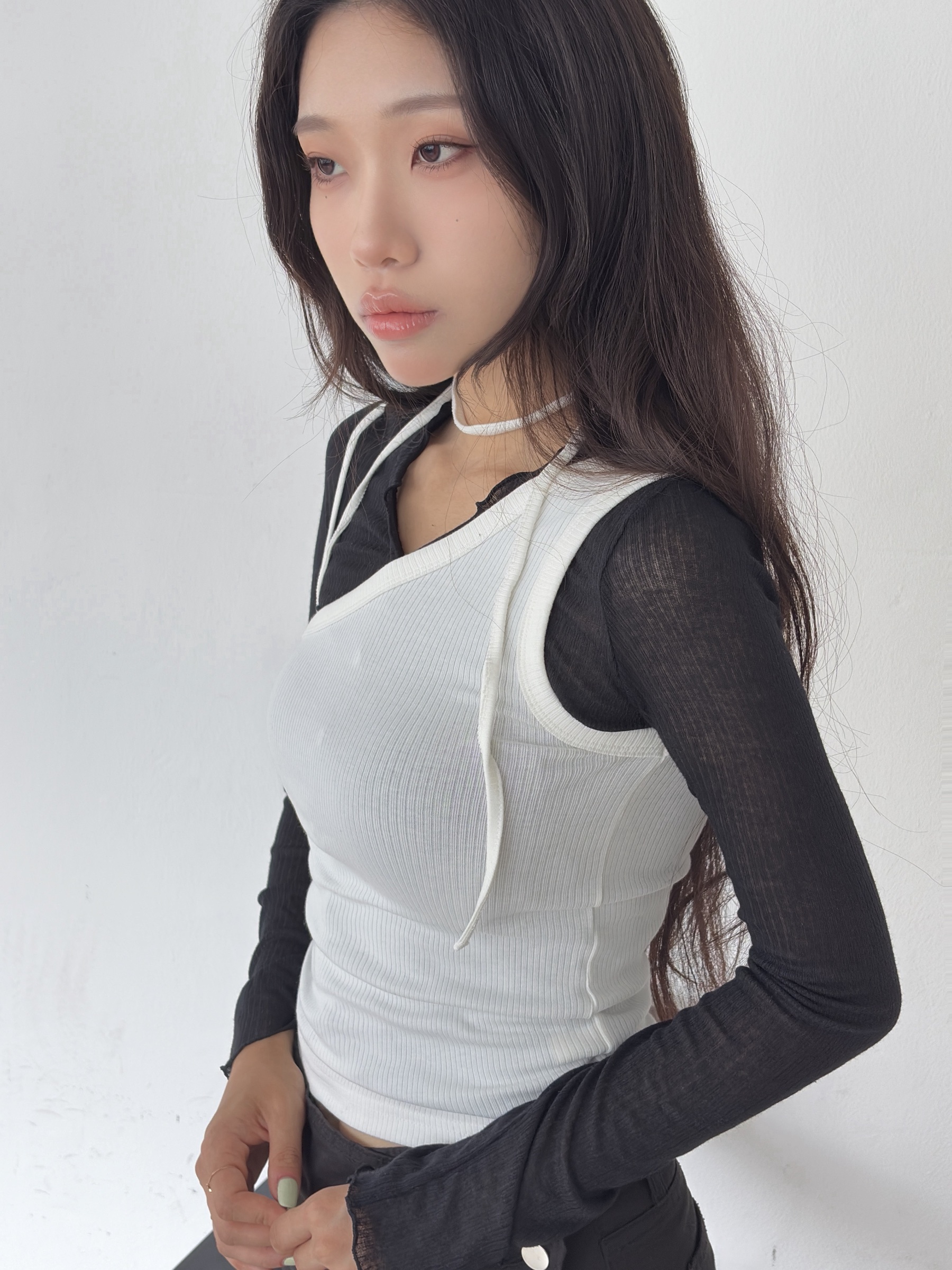 vlemma design-ruched-lettuce-trim-sheer-top 清冷風設計感大衣外套 - 藍