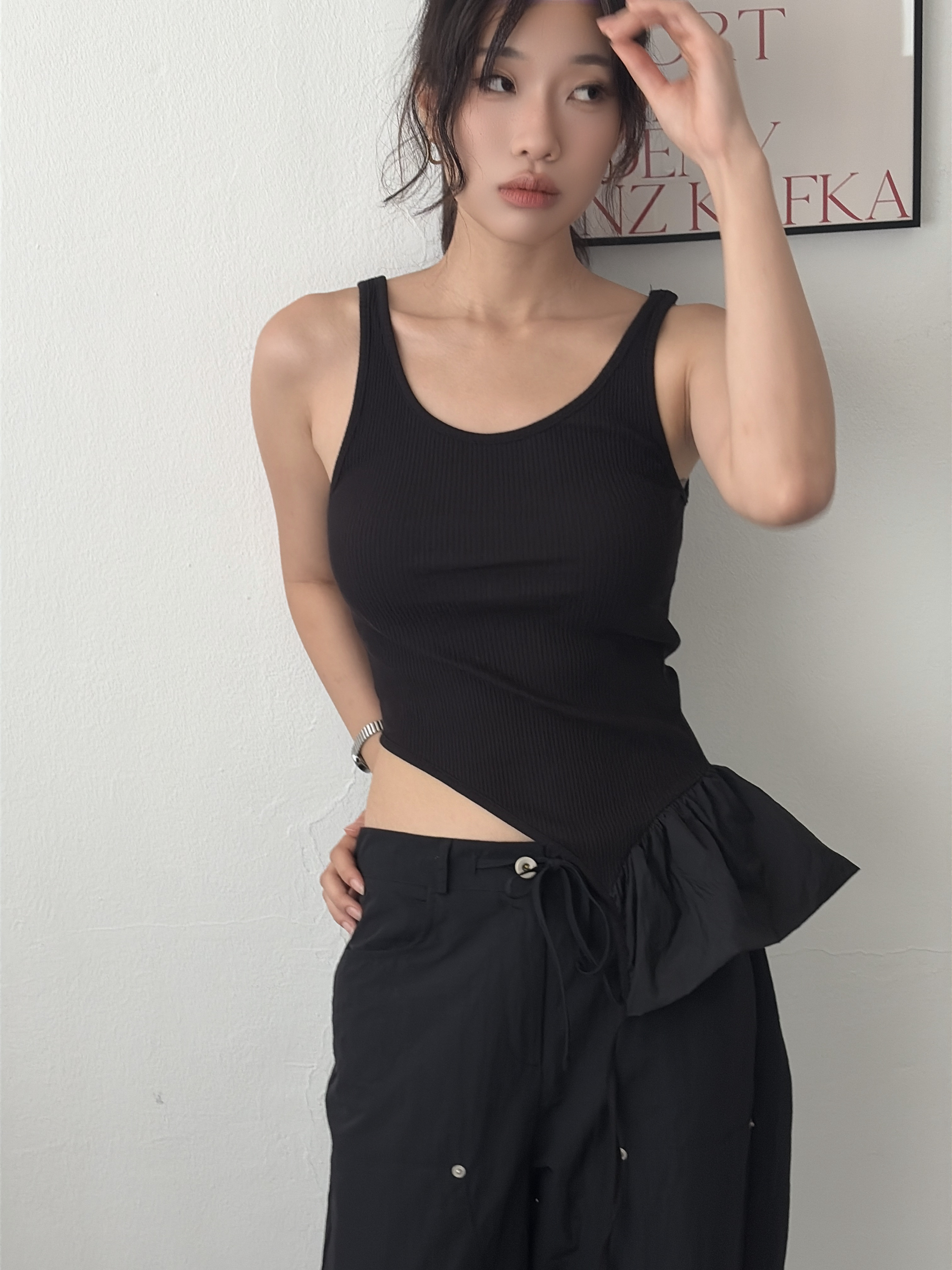 vlemma asymmetric-ruffle-hem-ribbed-tank 極簡設計感針織上衣襯衫 - 白