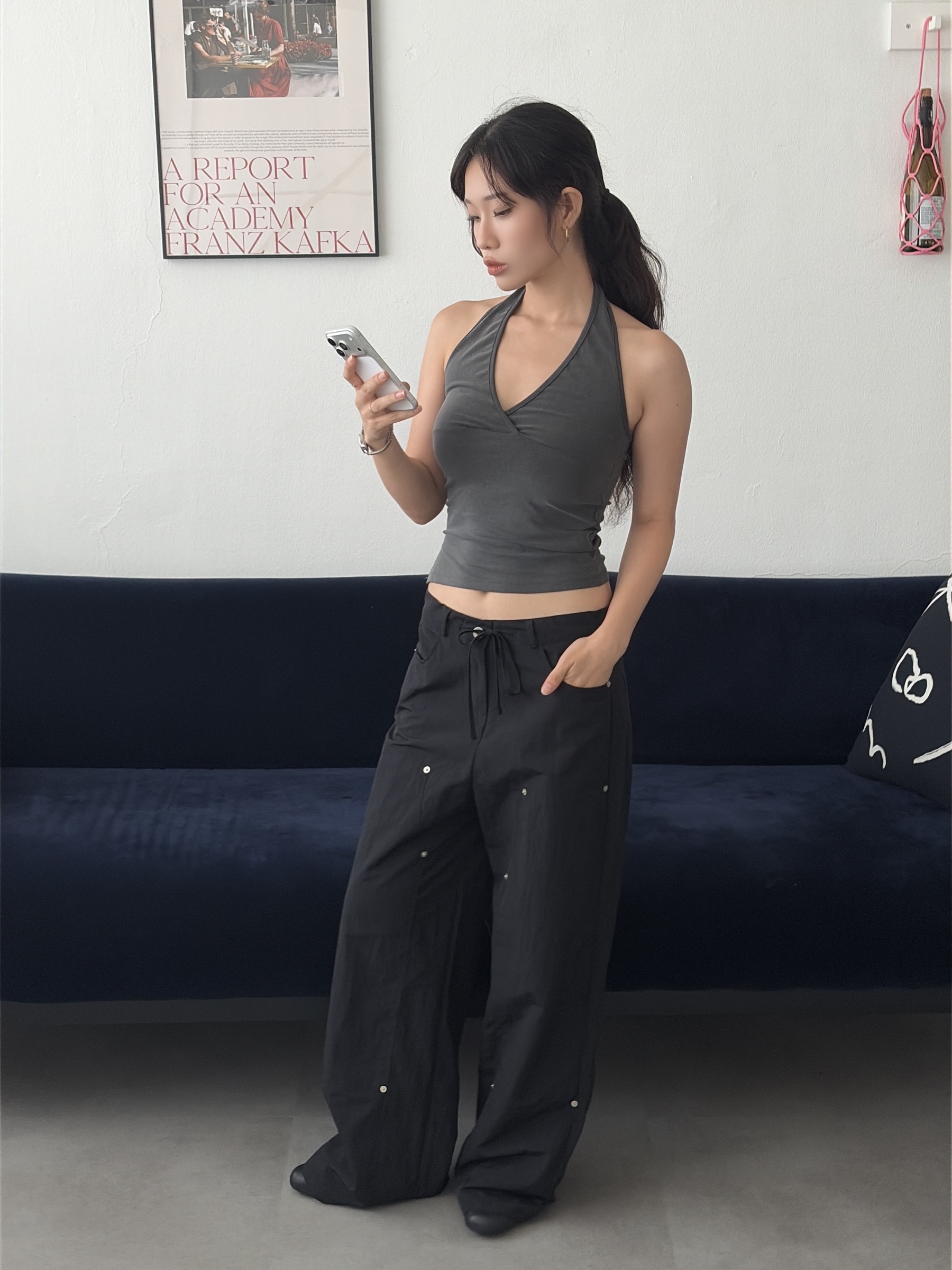 vlemma low-rise-tie-waist-slouchy-trousers 小眾剪裁設計感褲裙長褲 - 黑