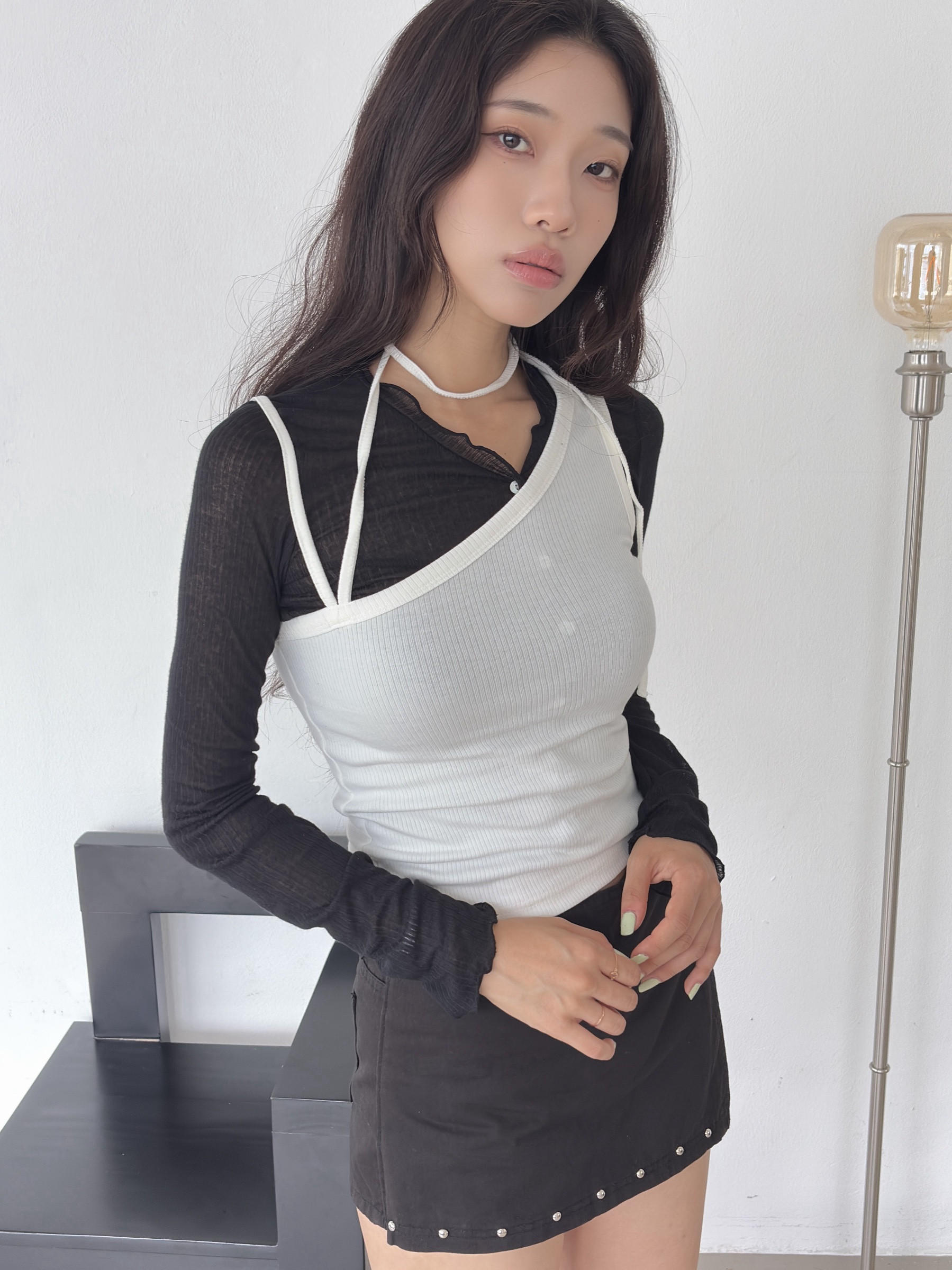 vlemma design-ruched-lettuce-trim-sheer-top 清冷風設計感大衣外套 - 藍