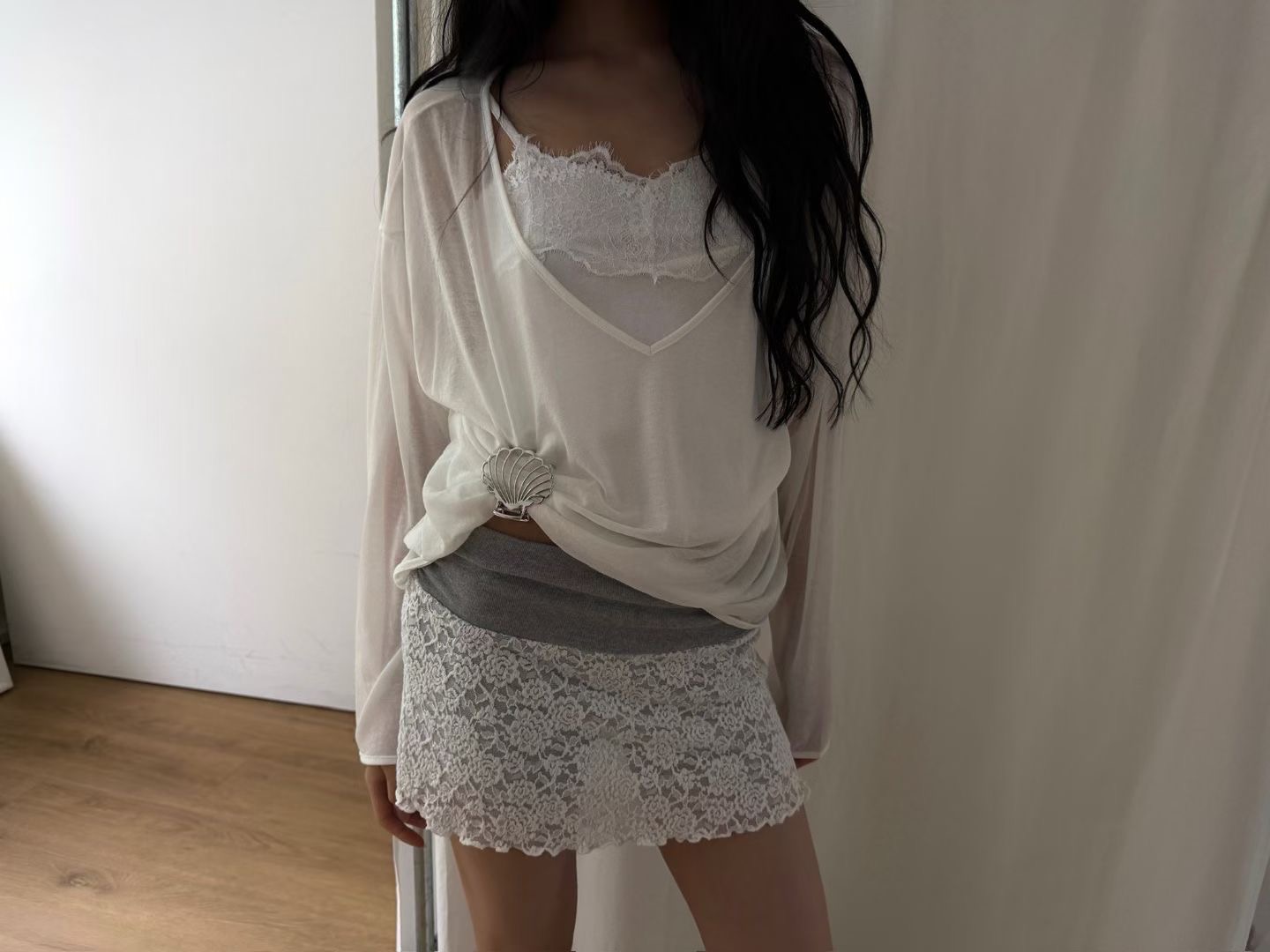 vlemma ruched-waistband-lace-skort 小眾剪裁設計感褲裙長褲 - 白