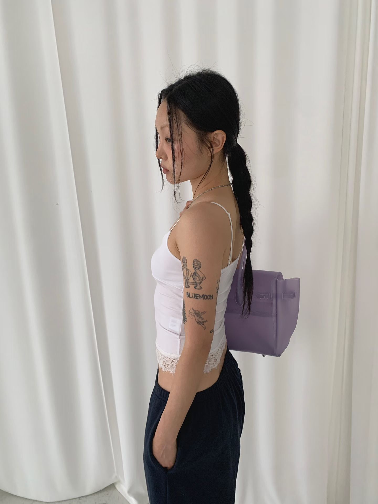 vlemma lace-trim-cami-top-ruched 極簡設計感針織上衣襯衫 - 白