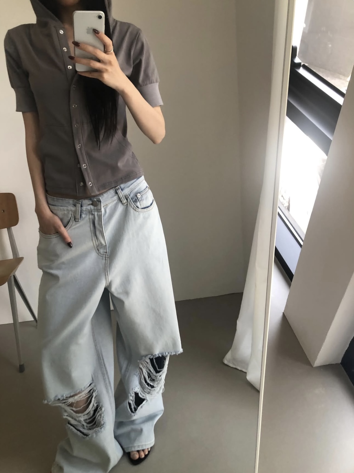 vlemma y2k-distressed-baggy-straight-jeans 小眾剪裁設計感褲裙長褲 - 淺藍