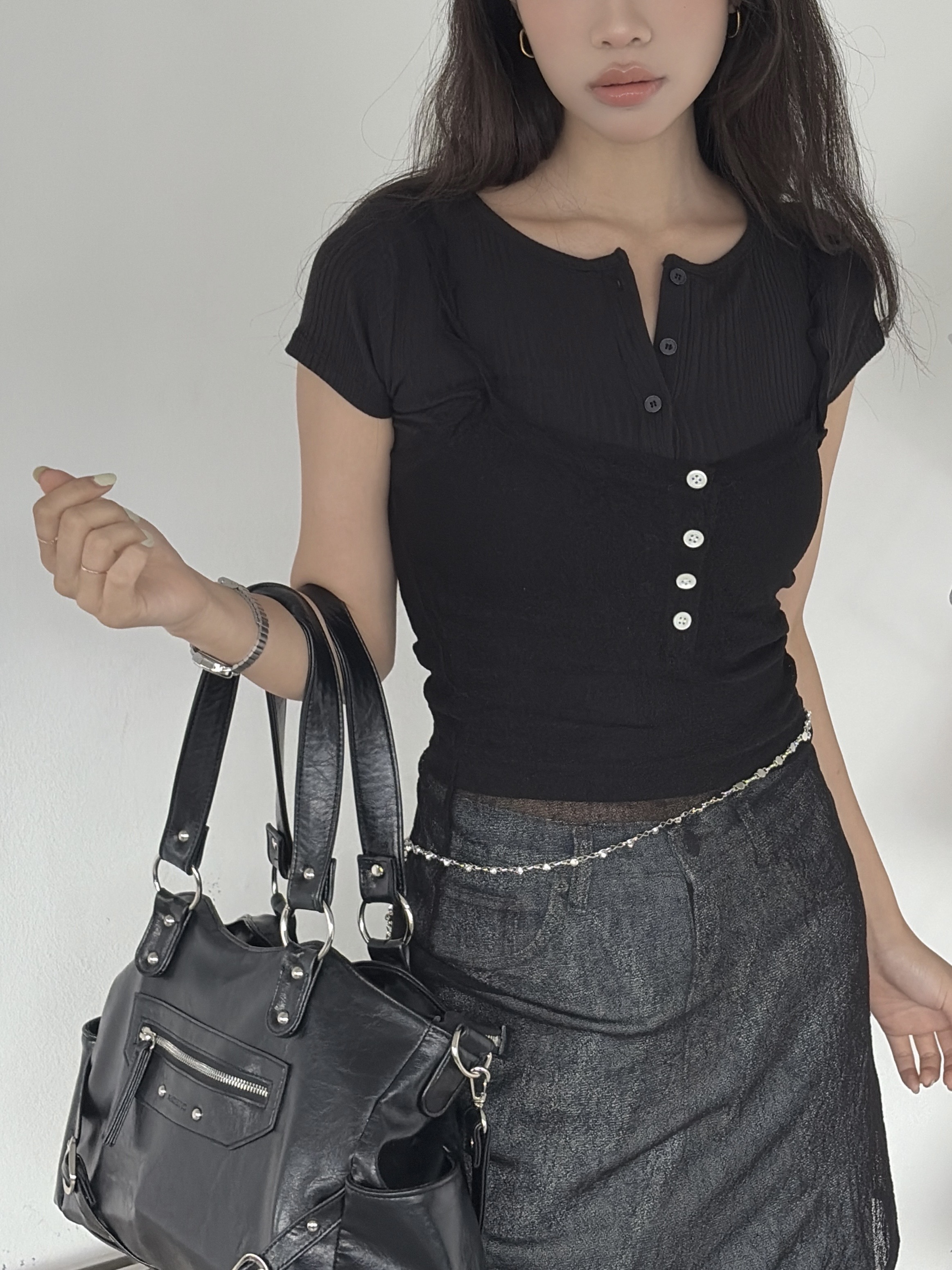 vlemma y2k-slim-fit-henley-crop-top 極簡設計感針織上衣襯衫 - 白