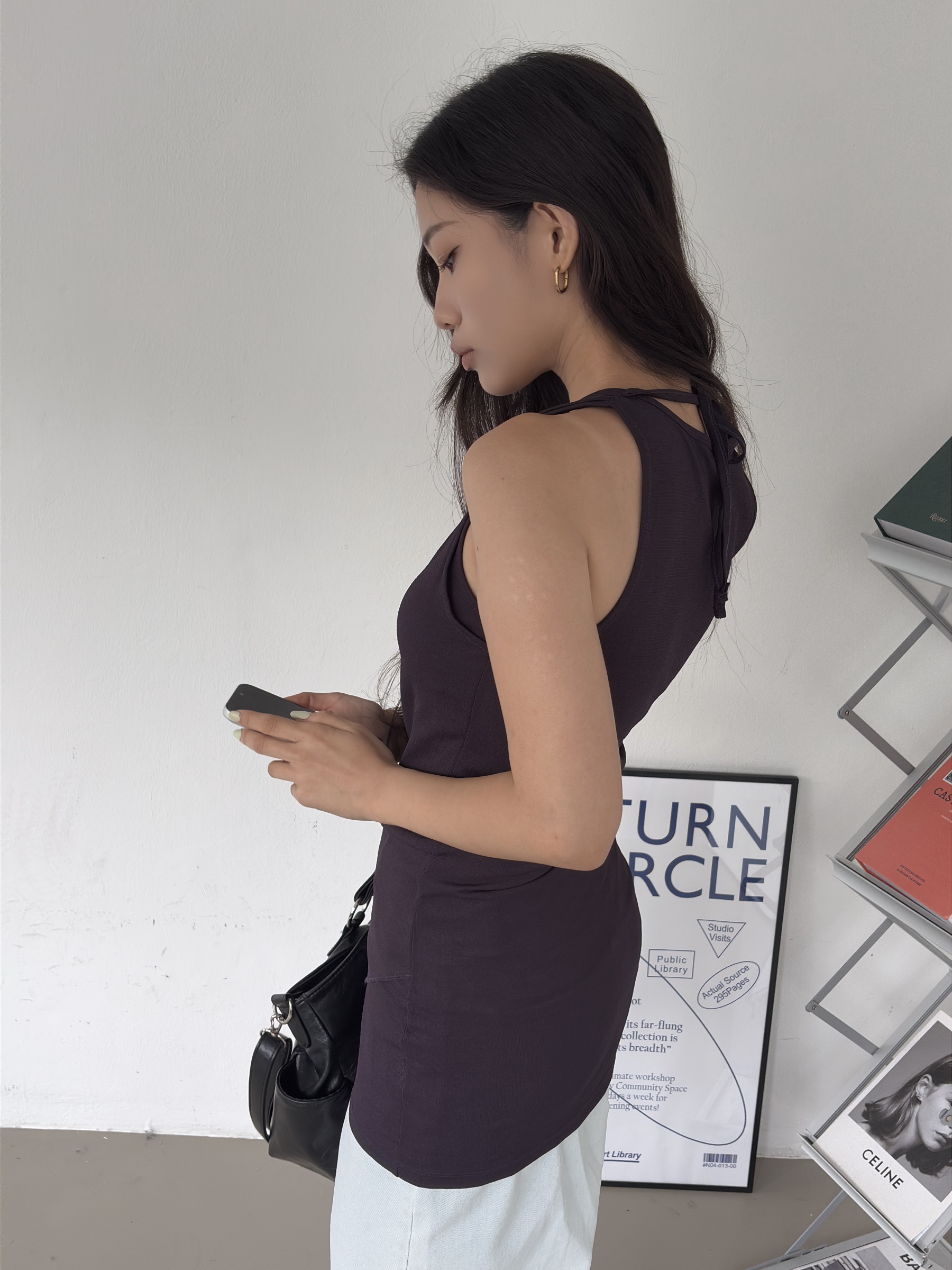 vlemma asymmetrical-hem-drawstring-longline-tank-top 極簡設計感針織上衣襯衫 - 深紫