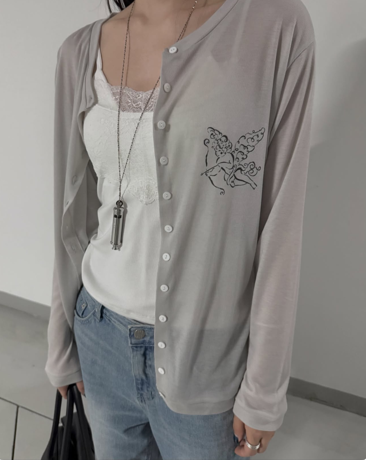 vlemma korean-sheer-button-down-graphic-top 清冷風設計感大衣外套 - 藍