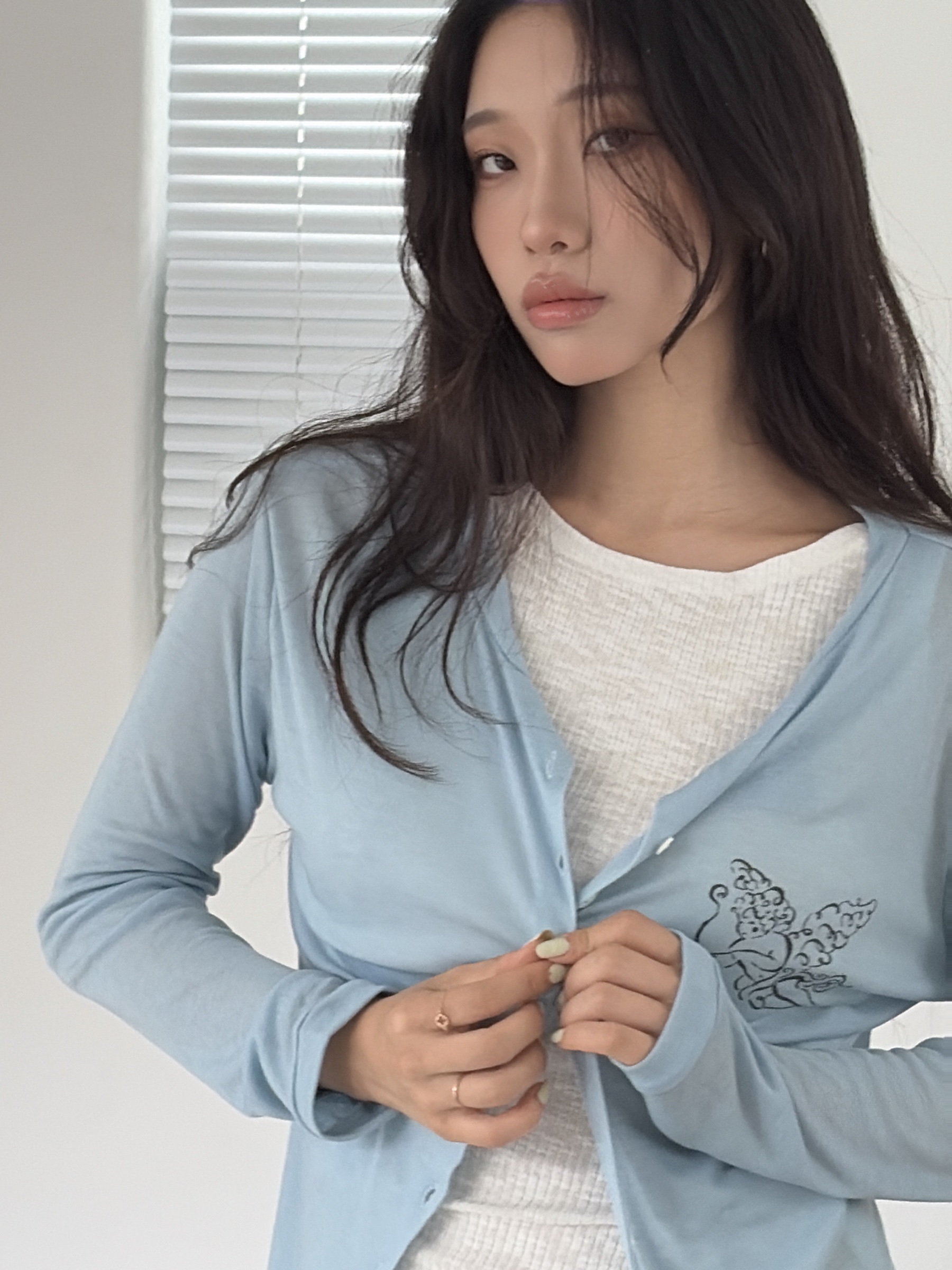 vlemma korean-sheer-button-down-graphic-top 清冷風設計感大衣外套 - 藍