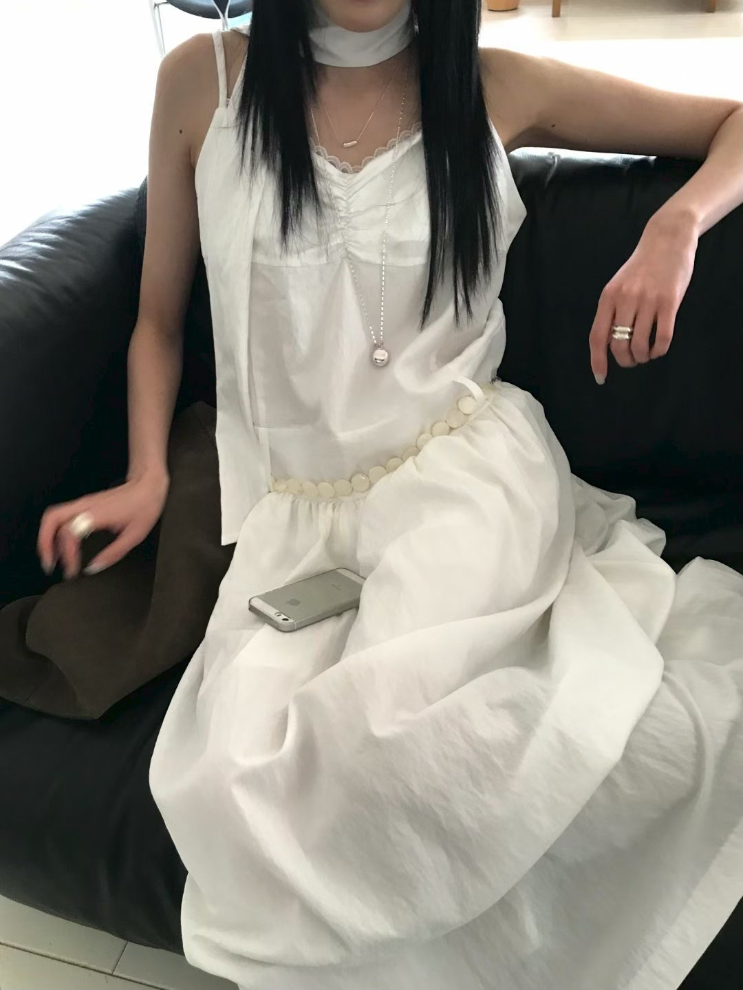 vlemma lace-trim-ruched-v-neck-maxi-dress 清冷風設計感洋裝連身裙 - 白