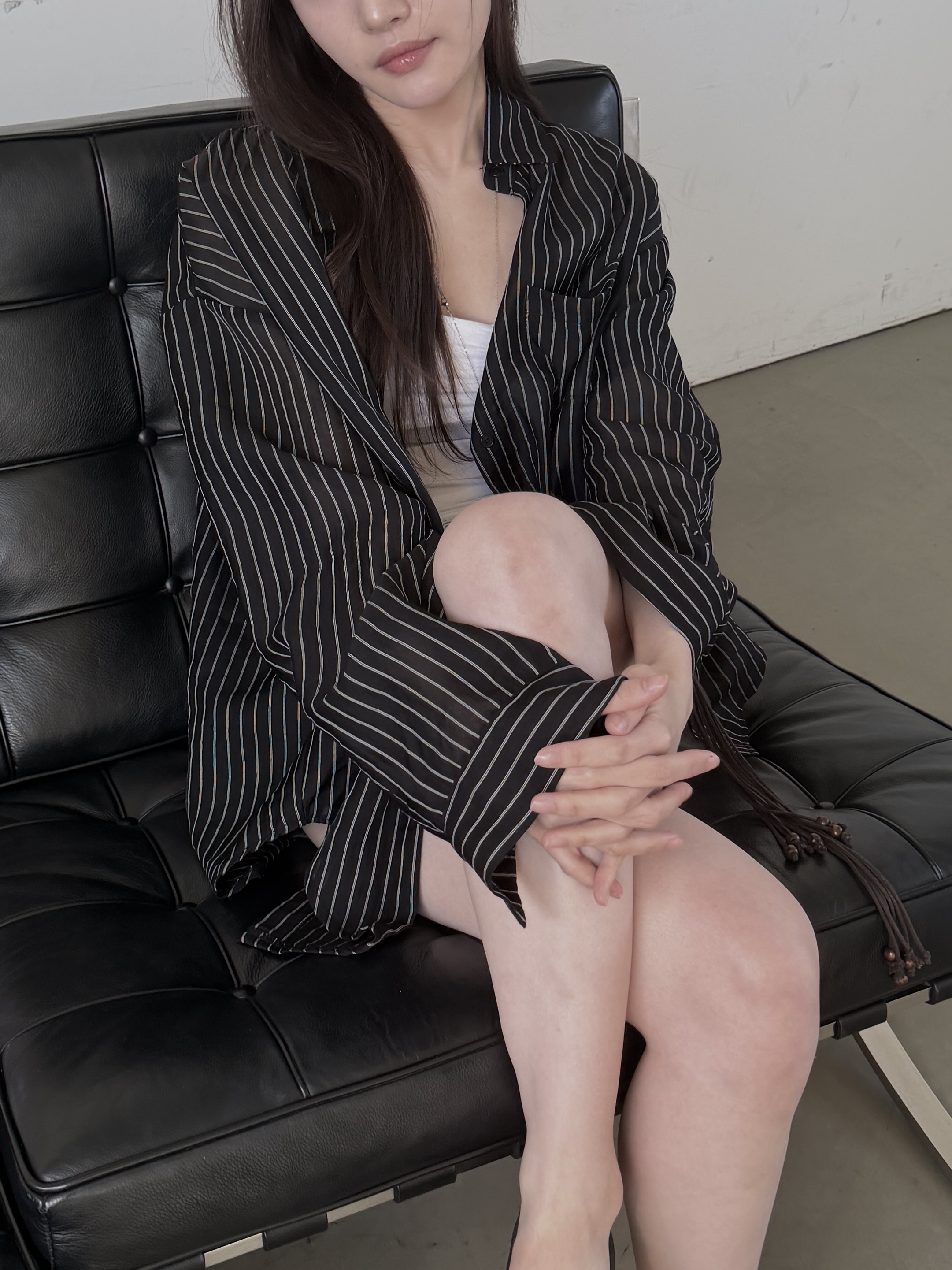 vlemma stripe-sheer-tencel-shirt 極簡設計感針織上衣襯衫 - 黃