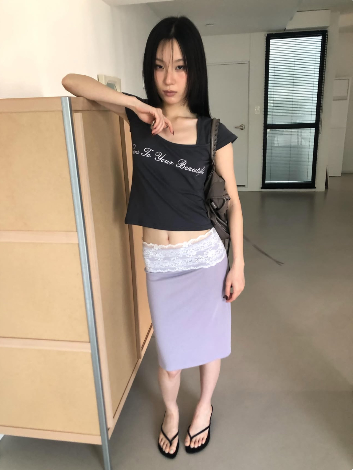vlemma lace-trim-waistband-bodycon-midi-skirt 小眾剪裁設計感褲裙長褲 - 條紋
