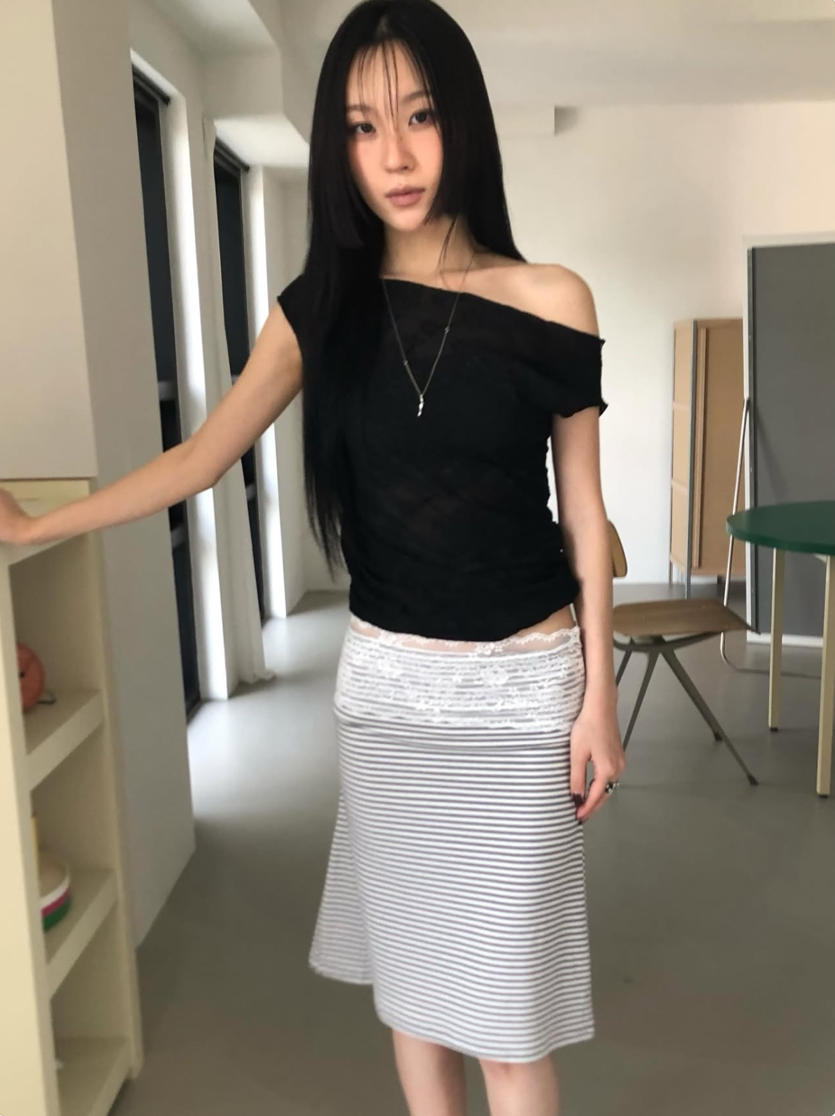 vlemma lace-trim-waistband-bodycon-midi-skirt 小眾剪裁設計感褲裙長褲 - 條紋