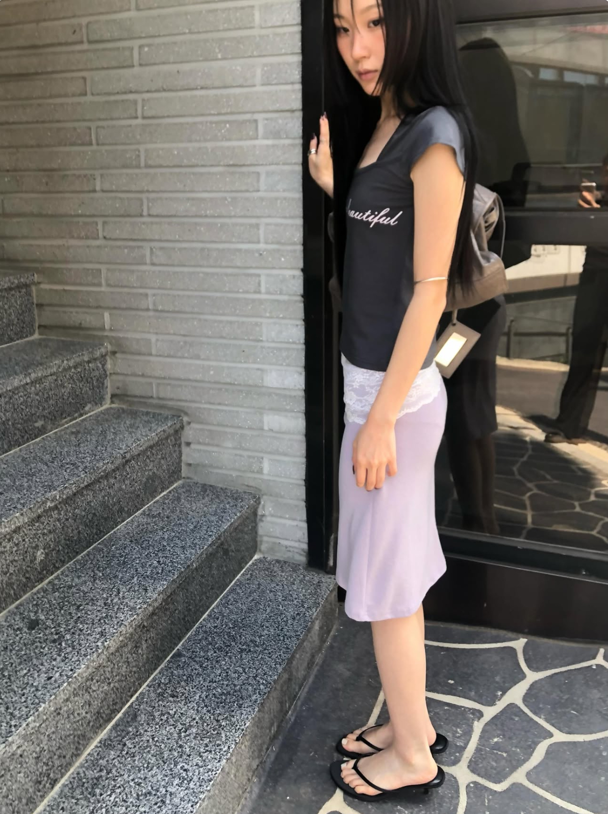 vlemma lace-trim-waistband-bodycon-midi-skirt 小眾剪裁設計感褲裙長褲 - 條紋