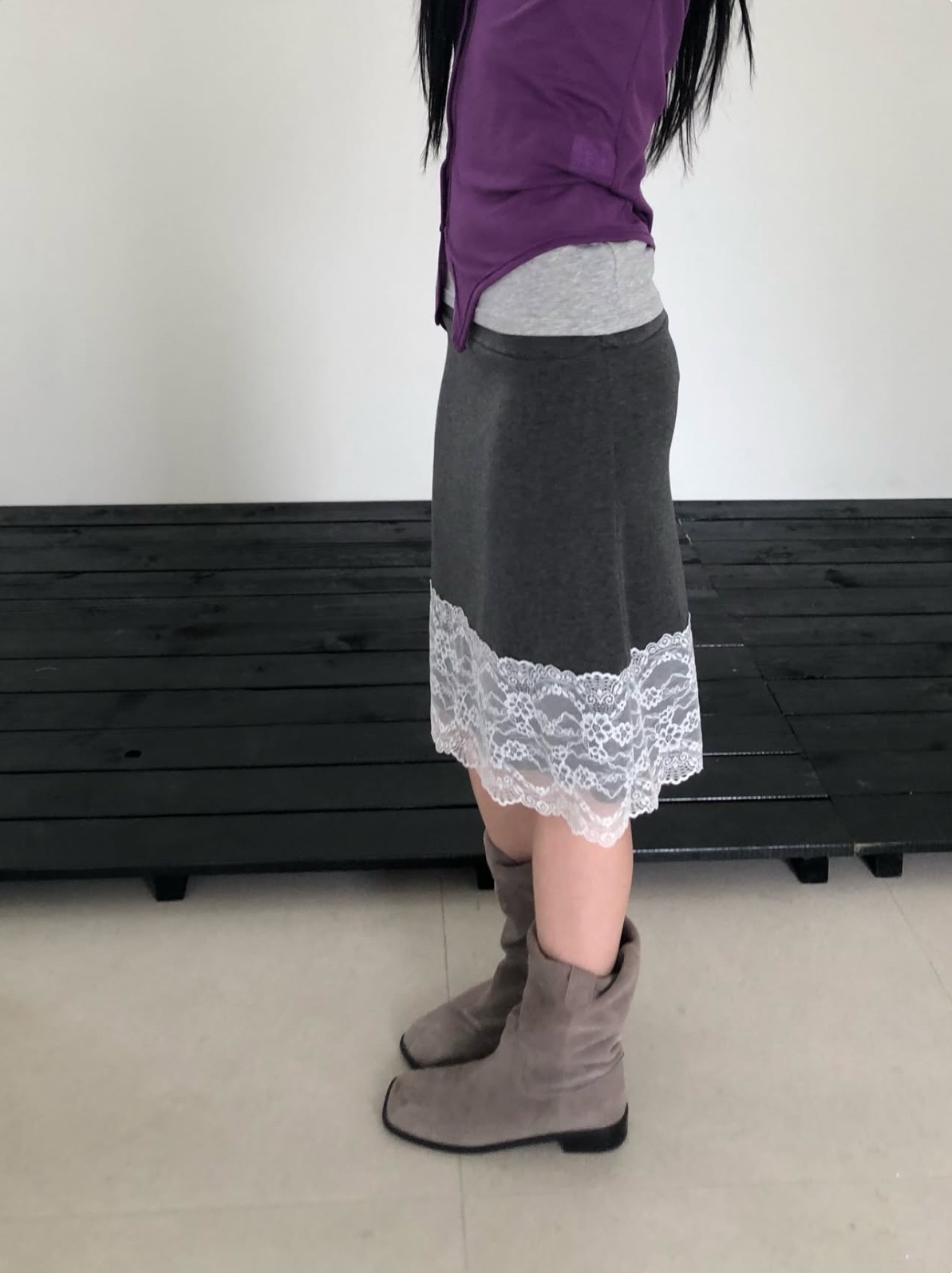 vlemma korean-style-lace-hem-pencil-midi-skirt 小眾剪裁設計感褲裙長褲 - 卡其