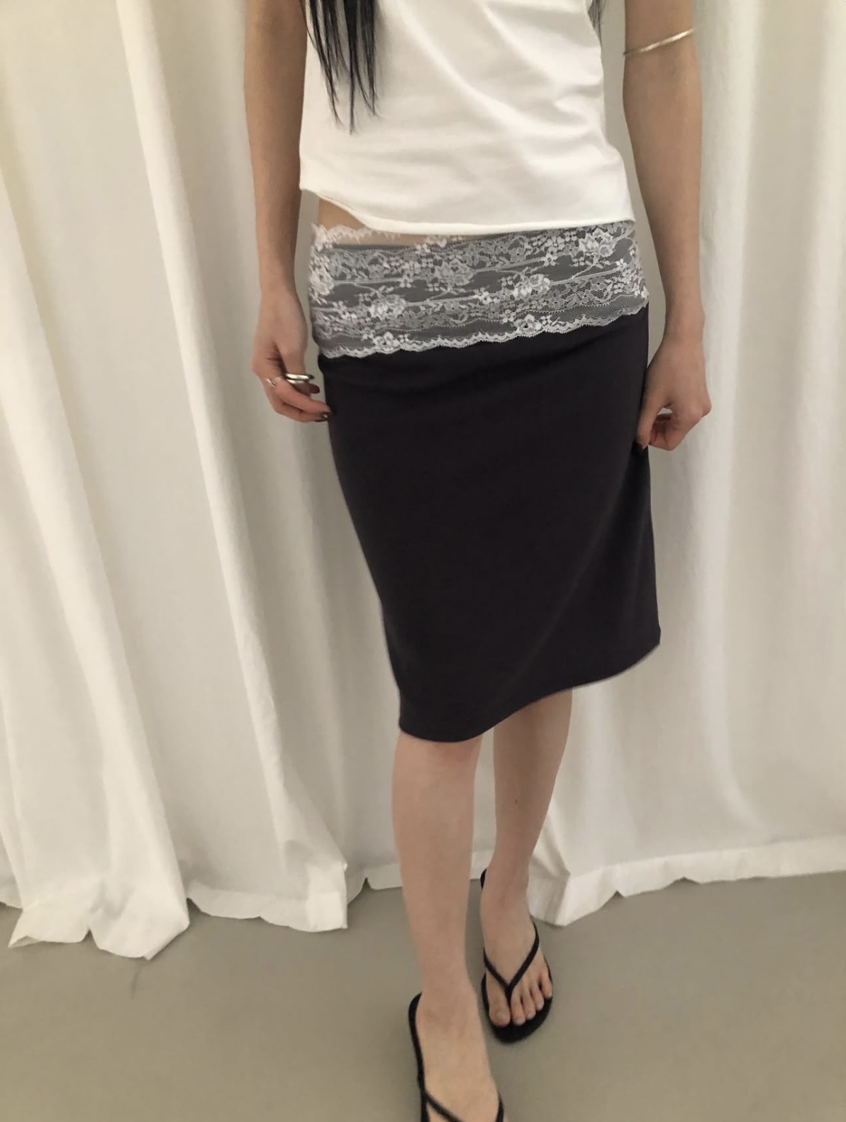 vlemma lace-trim-waistband-bodycon-midi-skirt 小眾剪裁設計感褲裙長褲 - 條紋