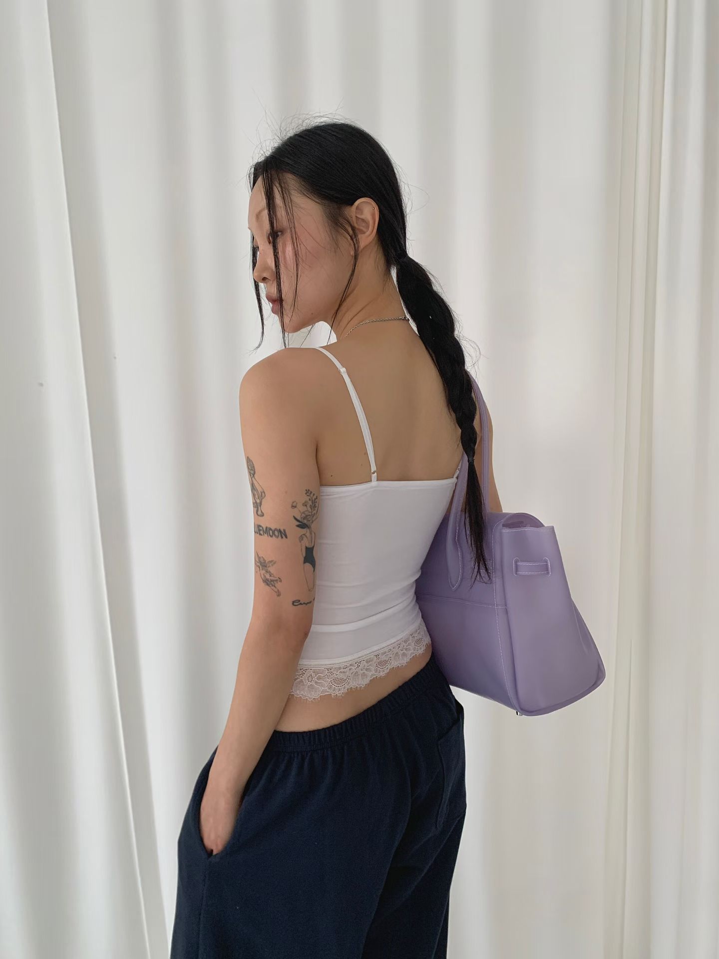 vlemma lace-trim-cami-top-ruched 極簡設計感針織上衣襯衫 - 白