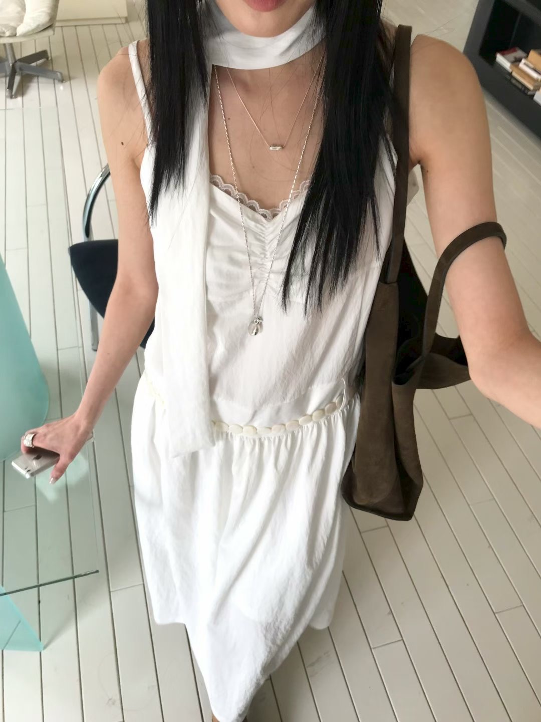 vlemma lace-trim-ruched-v-neck-maxi-dress 清冷風設計感洋裝連身裙 - 白