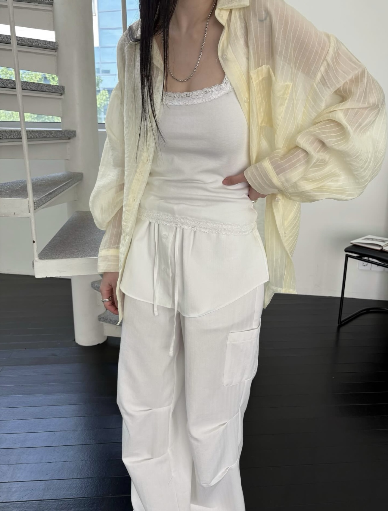 vlemma stripe-sheer-tencel-shirt 極簡設計感針織上衣襯衫 - 黃