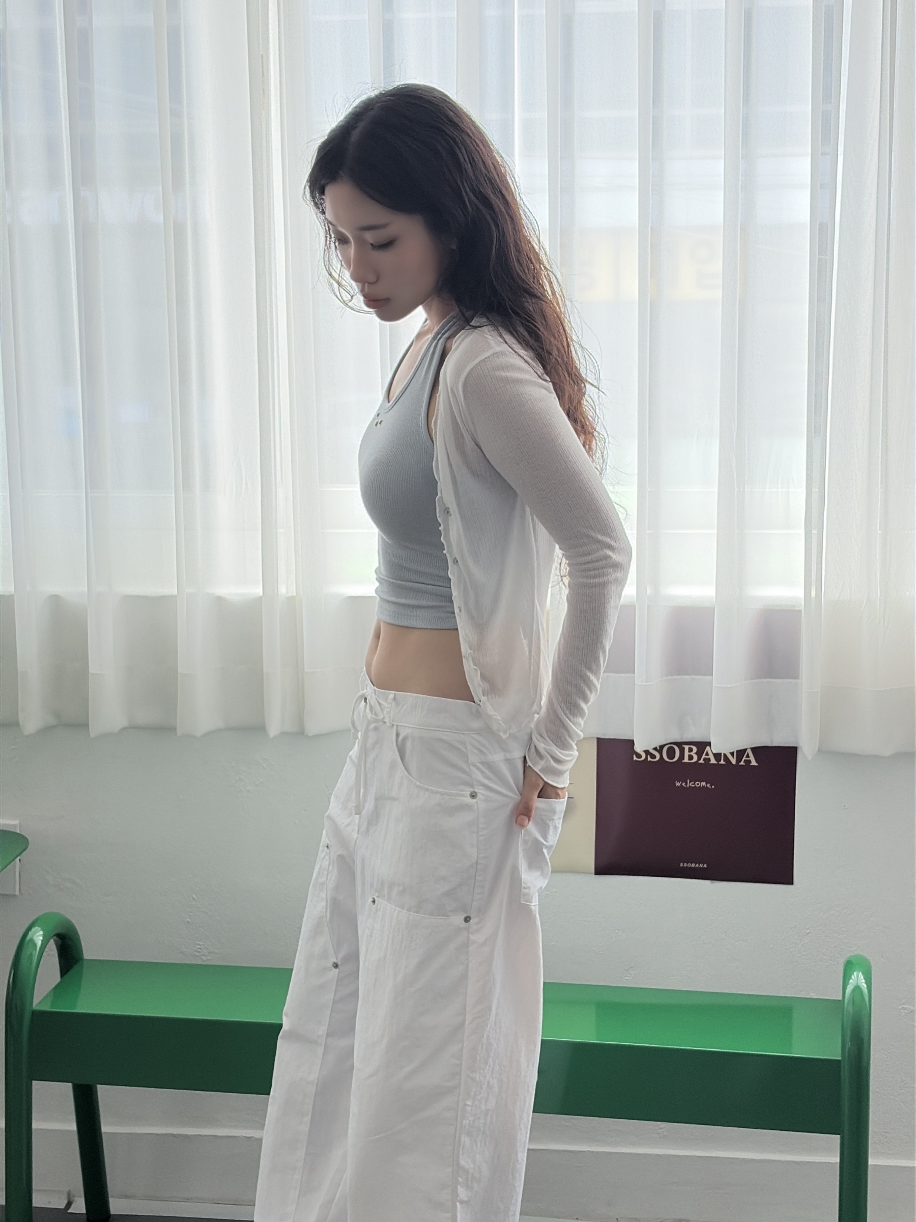 vlemma design-ruched-lettuce-trim-sheer-top 清冷風設計感大衣外套 - 藍