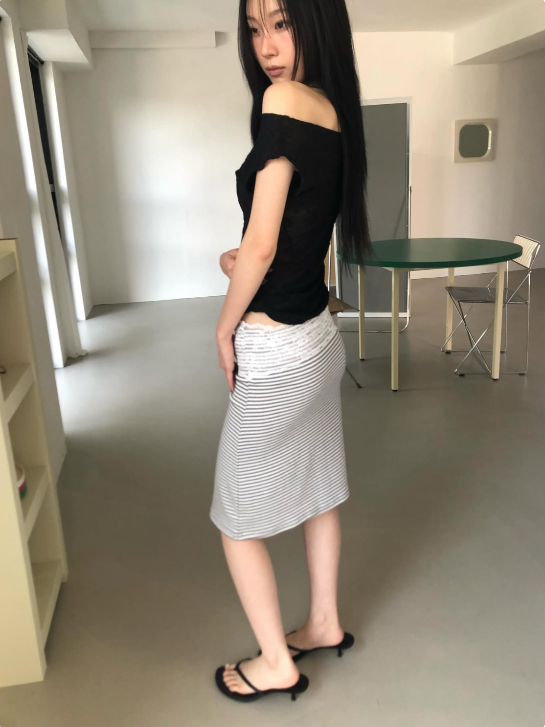 vlemma lace-trim-waistband-bodycon-midi-skirt 小眾剪裁設計感褲裙長褲 - 條紋