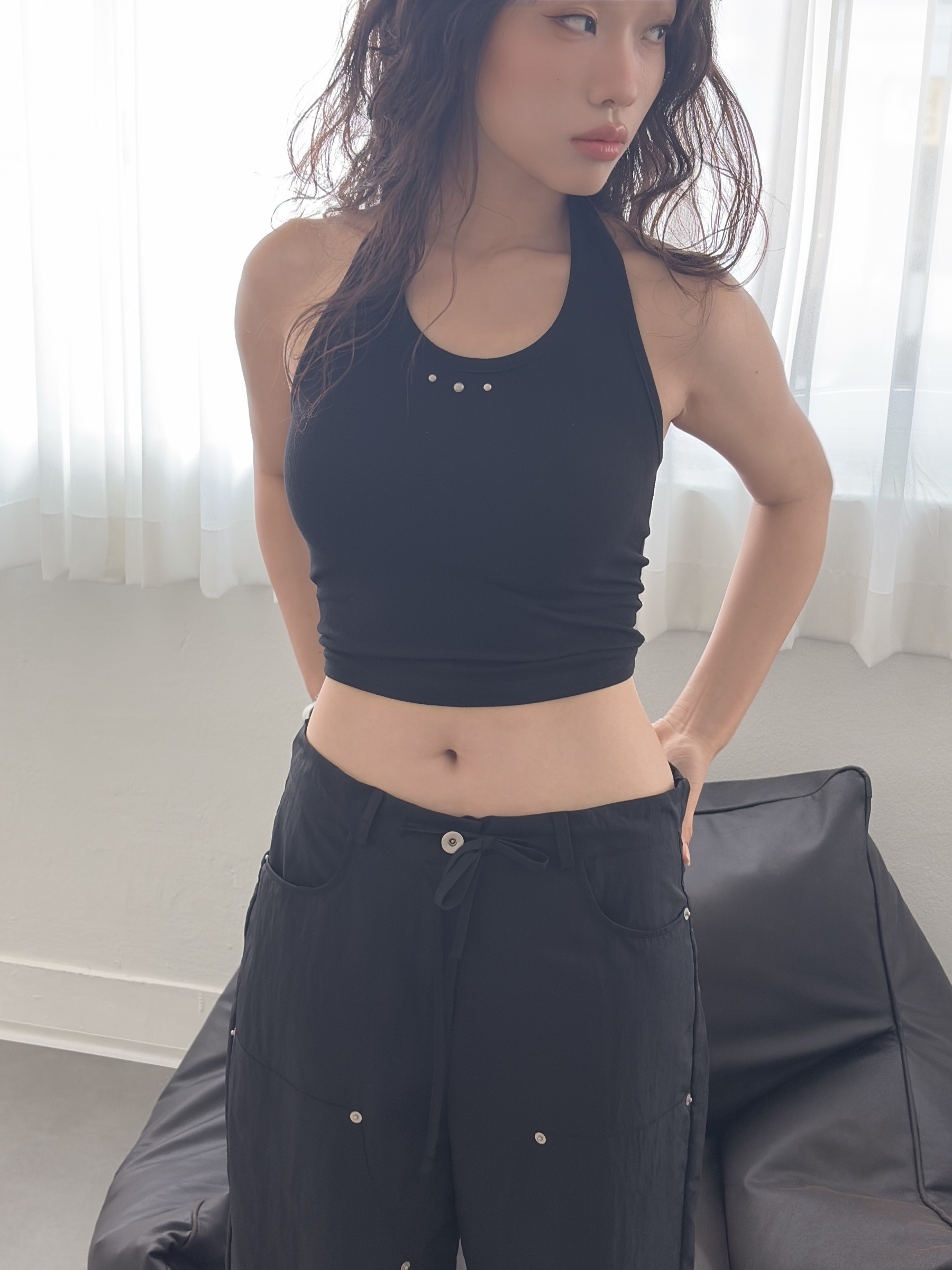 vlemma y2k-cropped-halter-ribbed-top 極簡設計感針織上衣襯衫 - 藍