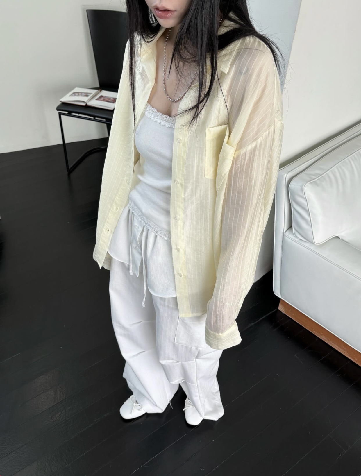 vlemma stripe-sheer-tencel-shirt 極簡設計感針織上衣襯衫 - 黃