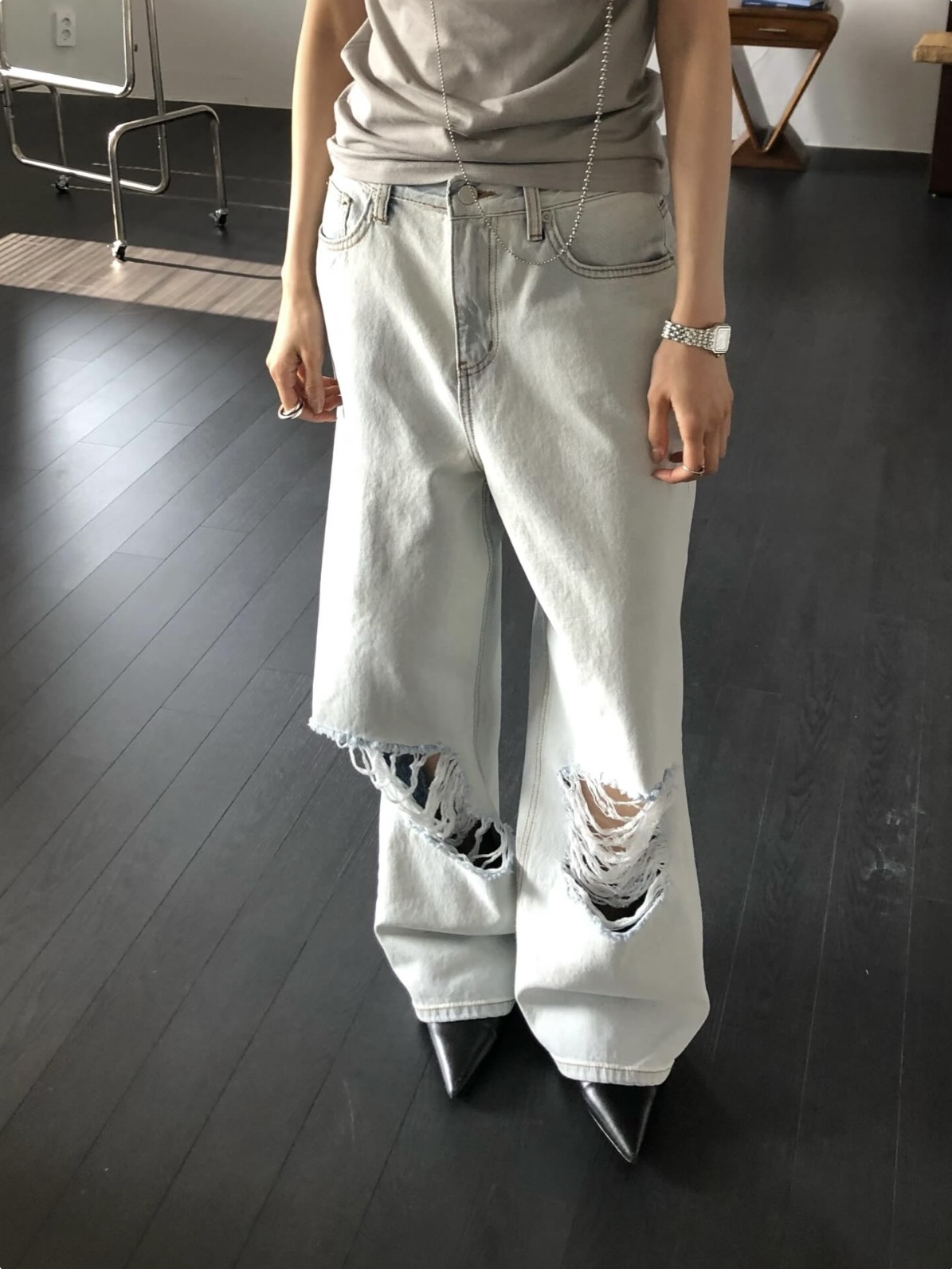 vlemma y2k-distressed-baggy-straight-jeans 小眾剪裁設計感褲裙長褲 - 淺藍