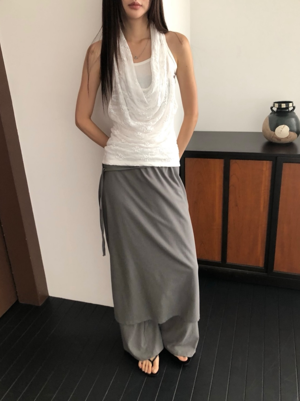 vlemma lace-cowl-neck-layered-tank-top 極簡設計感針織上衣襯衫 - 白