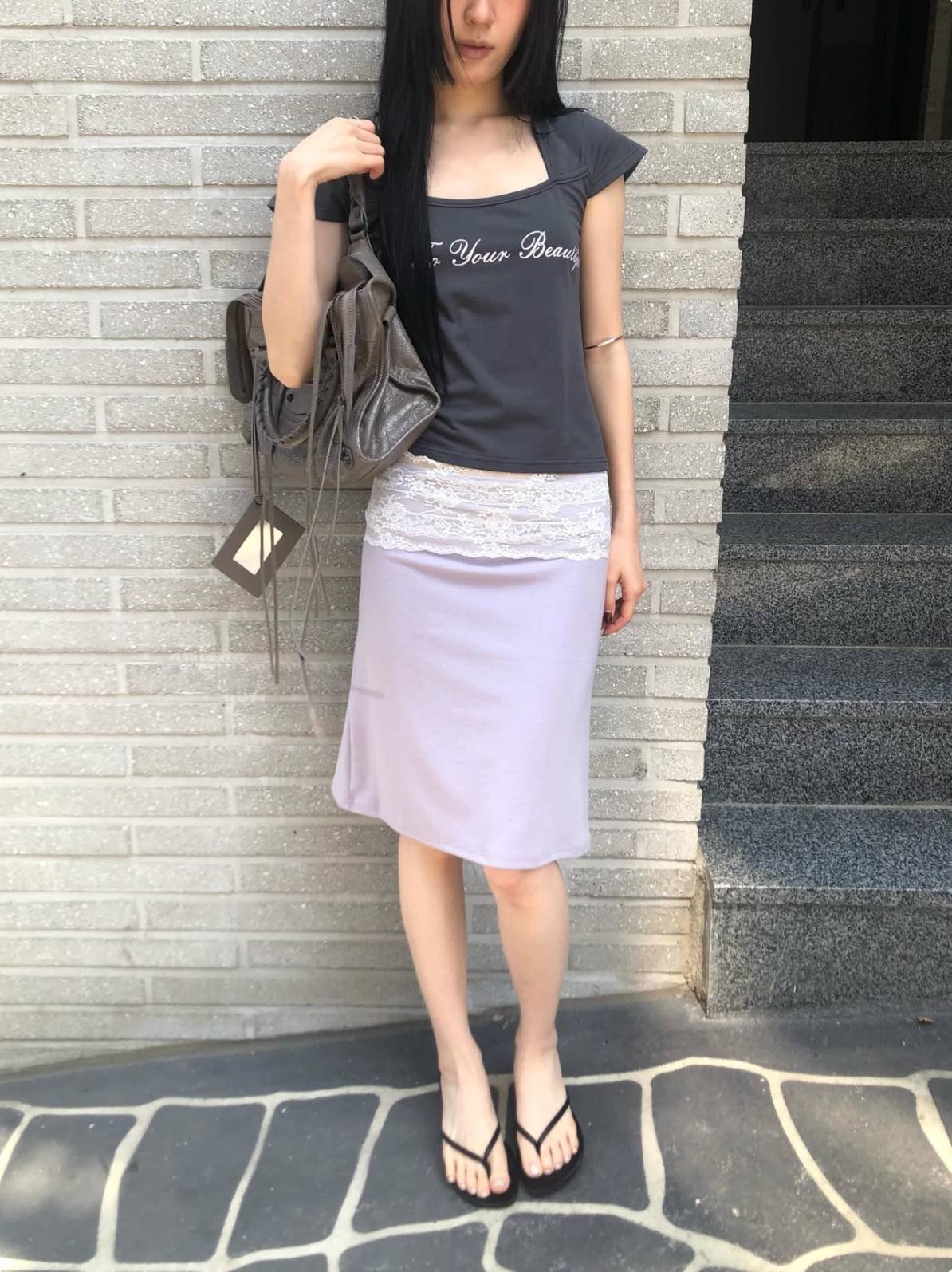 vlemma lace-trim-waistband-bodycon-midi-skirt 小眾剪裁設計感褲裙長褲 - 條紋