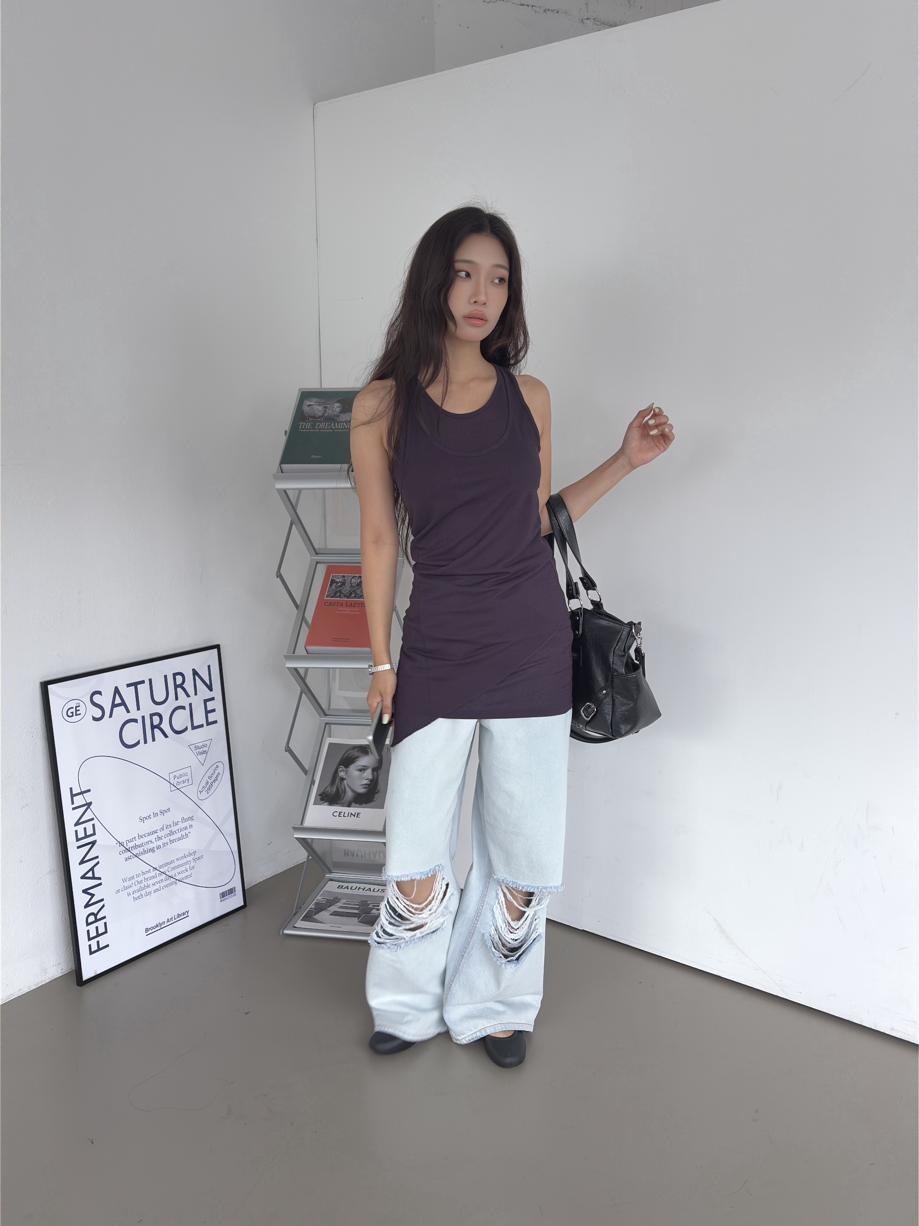 vlemma asymmetrical-hem-drawstring-longline-tank-top 極簡設計感針織上衣襯衫 - 深紫