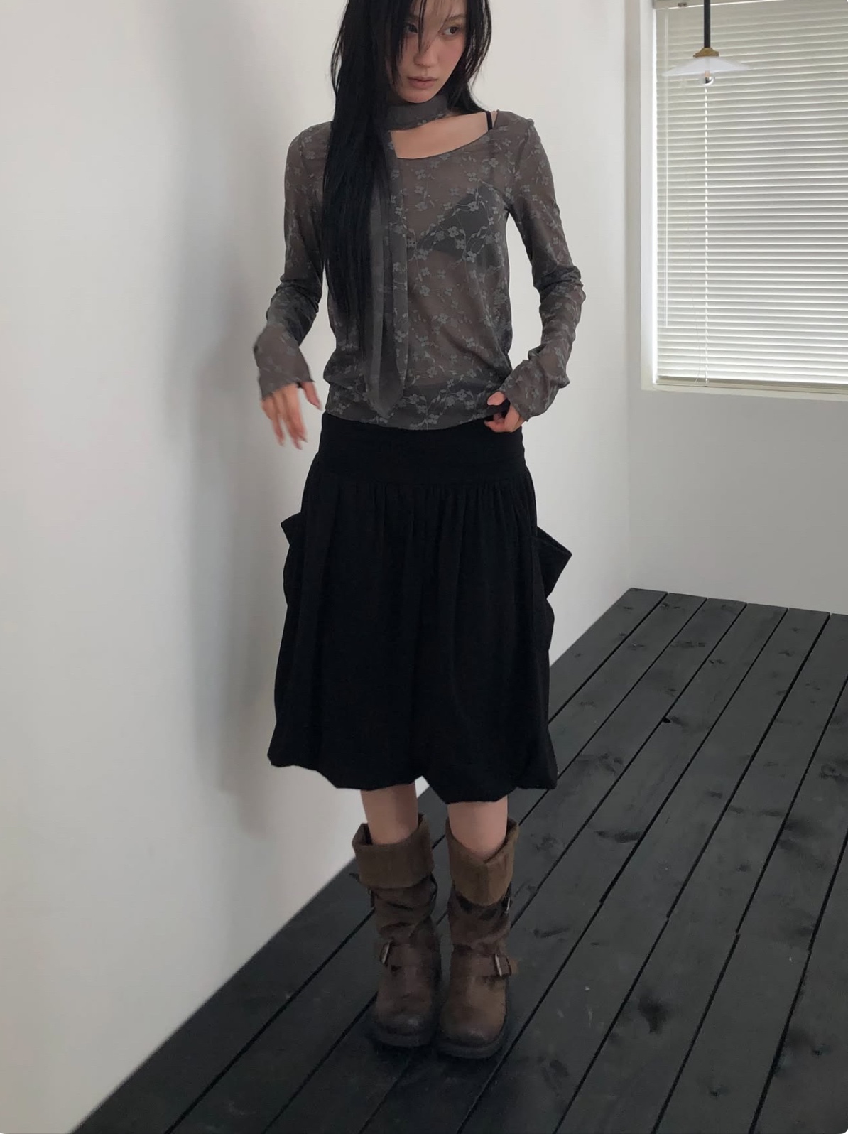 韓系鬆弛感 / 工裝風花苞過膝裙
