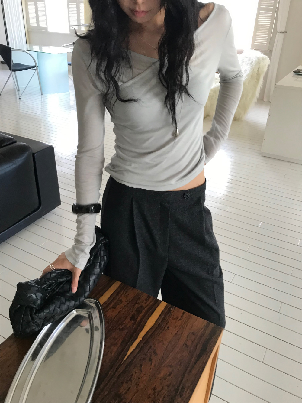 vlemma wool-blend-v-neck-drop-shoulder-top 極簡設計感針織上衣襯衫 - 深灰